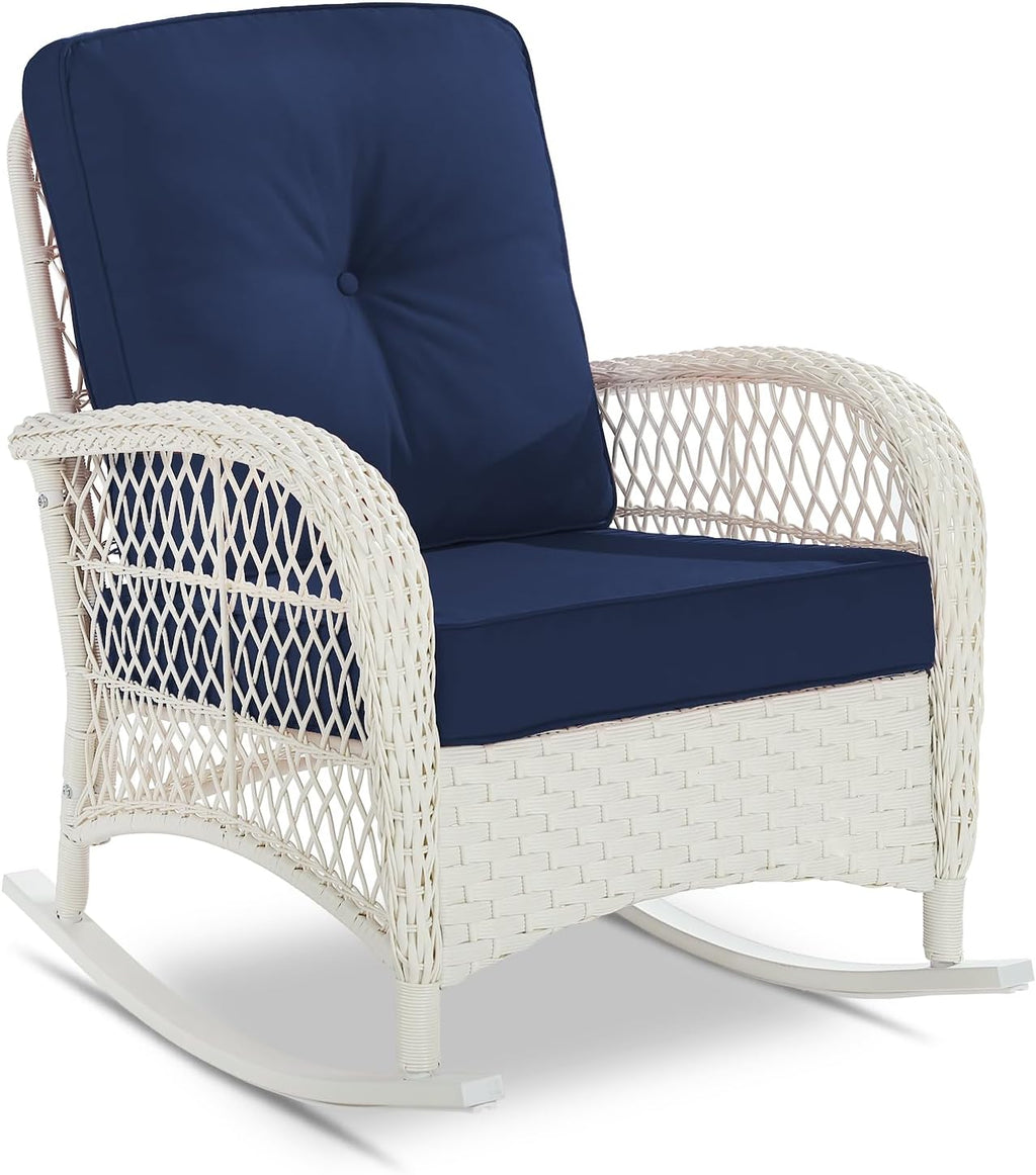 VIVIJASON Outdoor Wicker Rocking Chair, Patio Rattan Rocker Chair with Cushions & Steel Frame, All-Weather Rocking Lawn Furniture for Garden Backyard Porch, Cream White/Navy Blue
