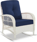 VIVIJASON Outdoor Wicker Rocking Chair, Patio Rattan Rocker Chair with Cushions & Steel Frame, All-Weather Rocking Lawn Furniture for Garden Backyard Porch, Cream White/Navy Blue
