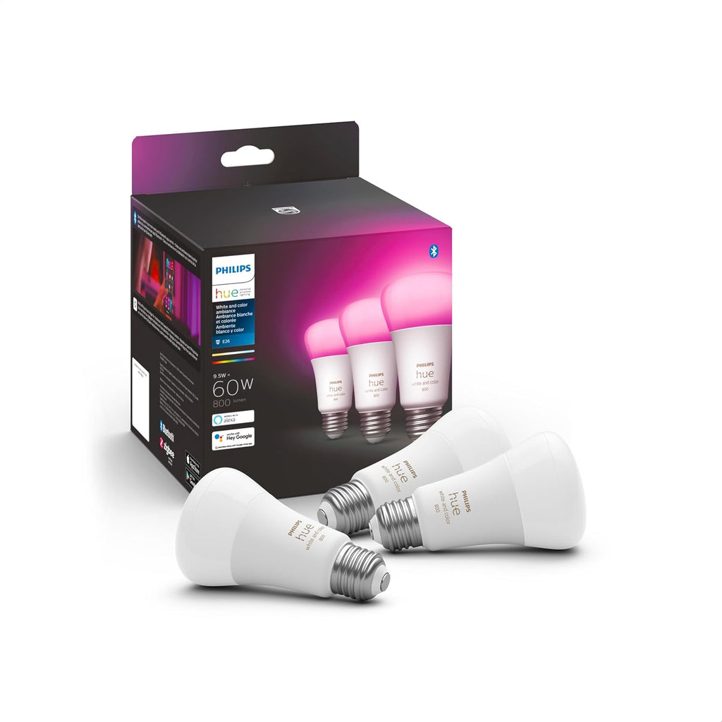 Philips Hue Smart Lighting Bundle: 3-Pack A19 LED Smart Light Bulbs (White and Color Ambiance) with Philips Hue Bridge — Control with Hue App, Compatible with Alexa, Google Assistant, Apple Homekit