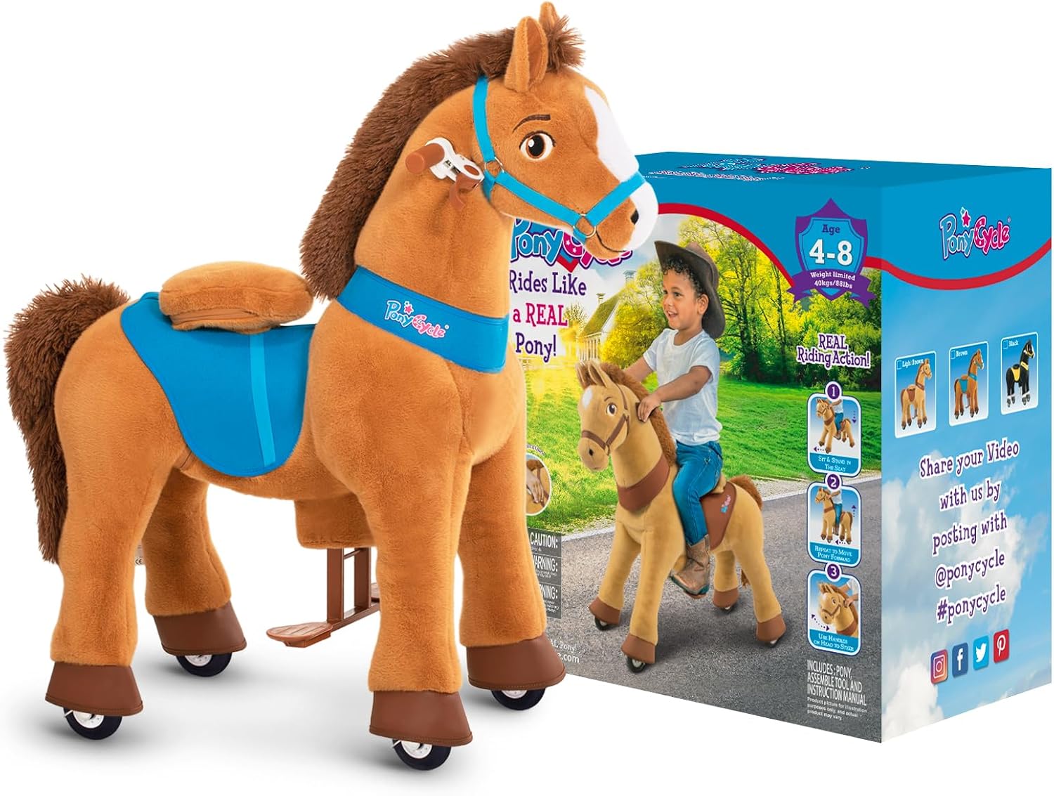 PonyCycle Ride on Horse Toys for Kids Riding Brown Horse Rocking Horse No Battery Required (with Brake/ 35.4' Height/Size 4) Ride-on Pony Giddy up Walking Mechanical Pony E437