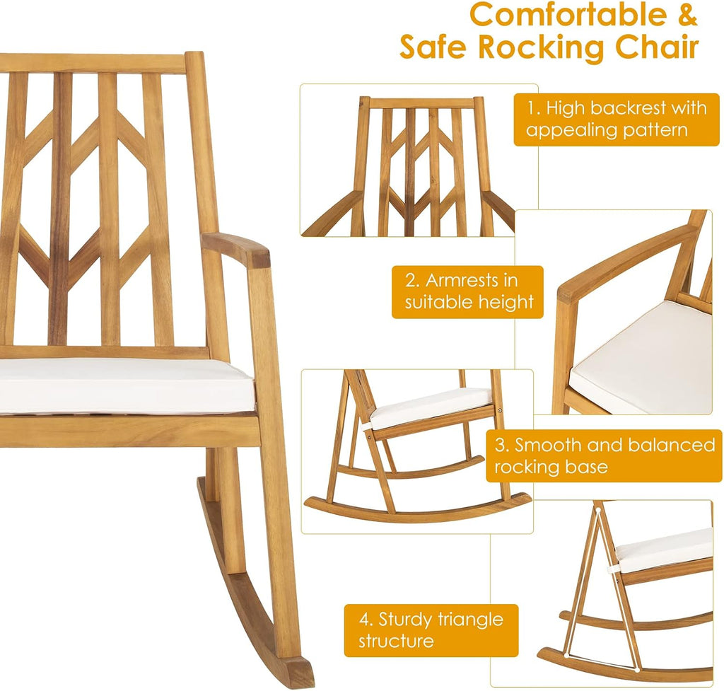 Tangkula 2 Pieces Acacia Wood Patio Rocking Chair, Outdoor Porch Rocker W/Removable High-Density Cushion, All-Weather Resistance, Perfect for Garden, Backyard, Poolside