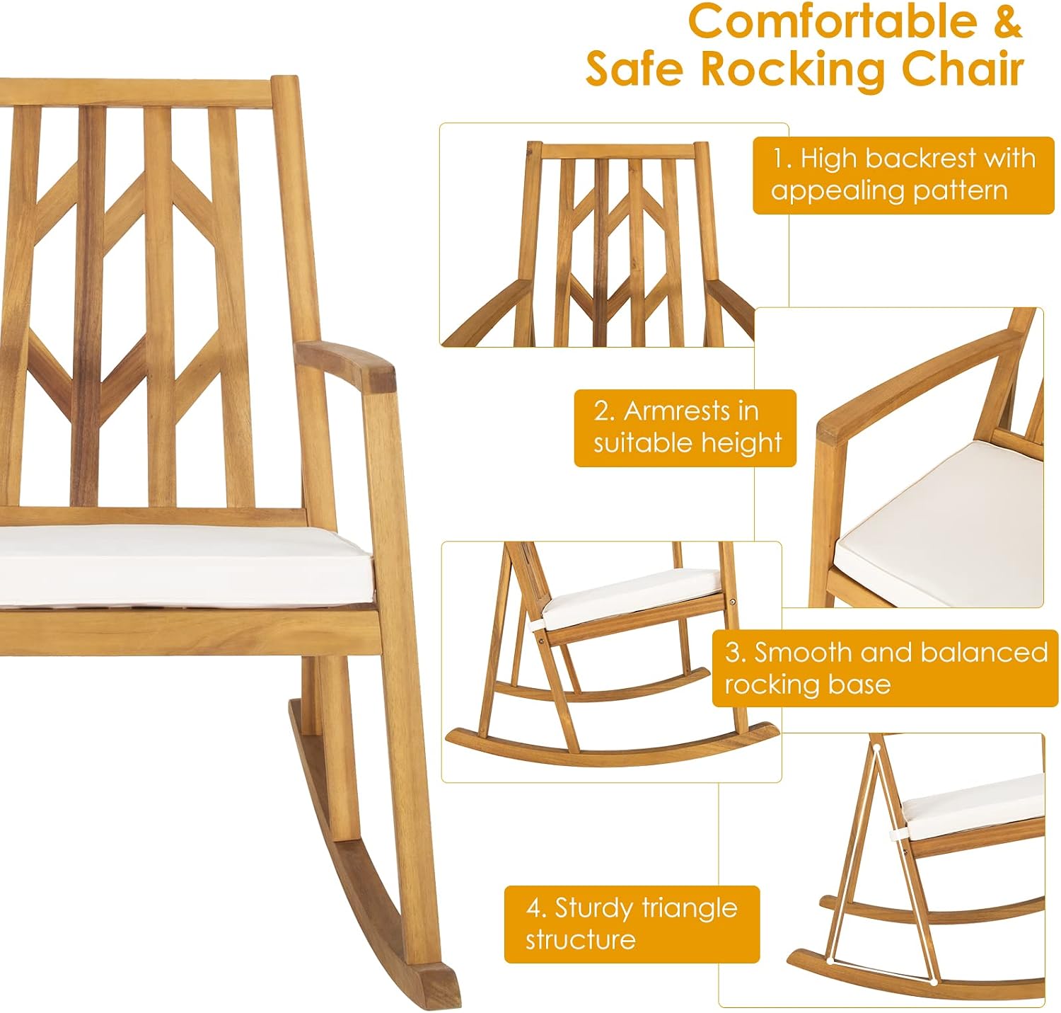 Tangkula 2 Pieces Acacia Wood Patio Rocking Chair, Outdoor Porch Rocker W/Removable High-Density Cushion, All-Weather Resistance, Perfect for Garden, Backyard, Poolside