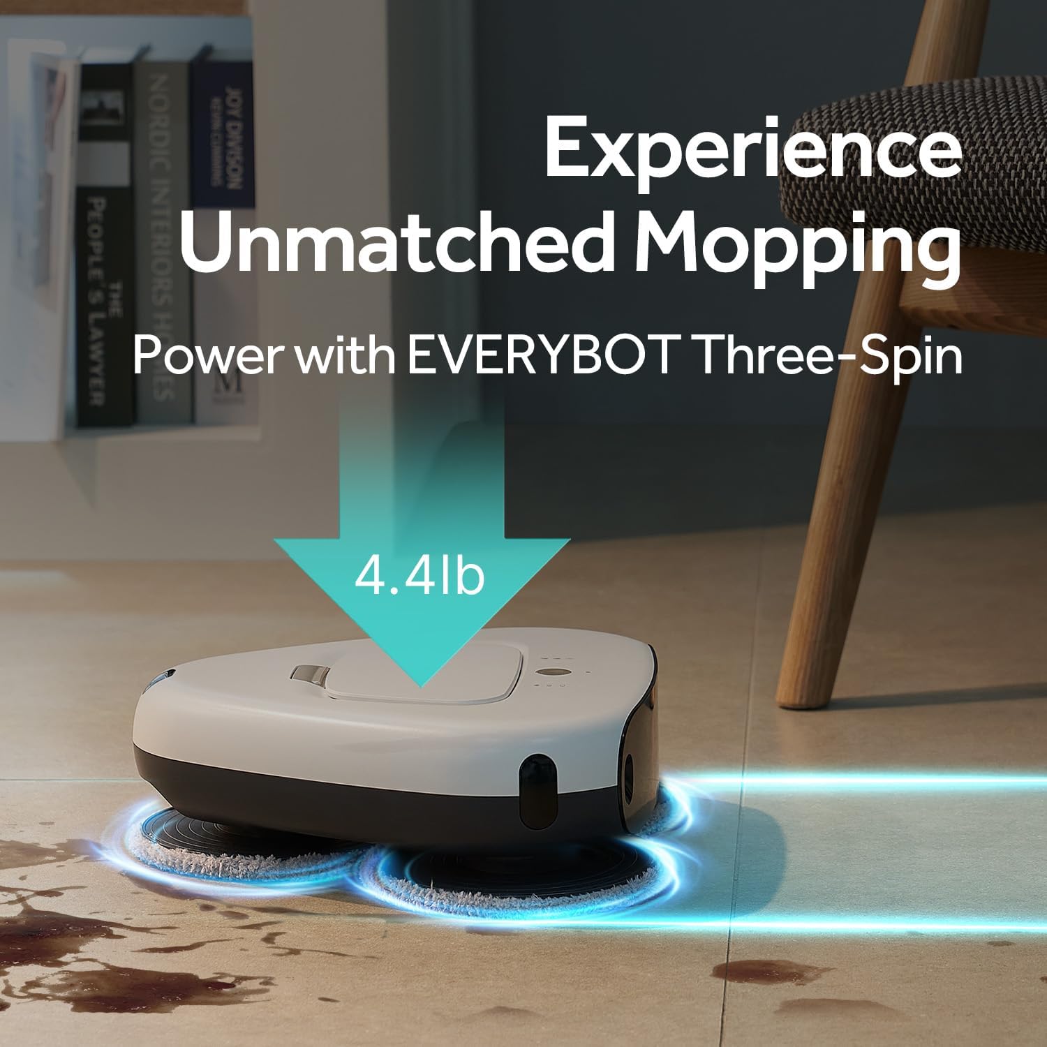 EVERYBOT Three-Spin Robot Mop for Hard Floors - Ultra-Quiet 43dB, Powerful Three Mops Wiping, Long Battery & Large Water Tank, Remote Control, Global Design Award Winner