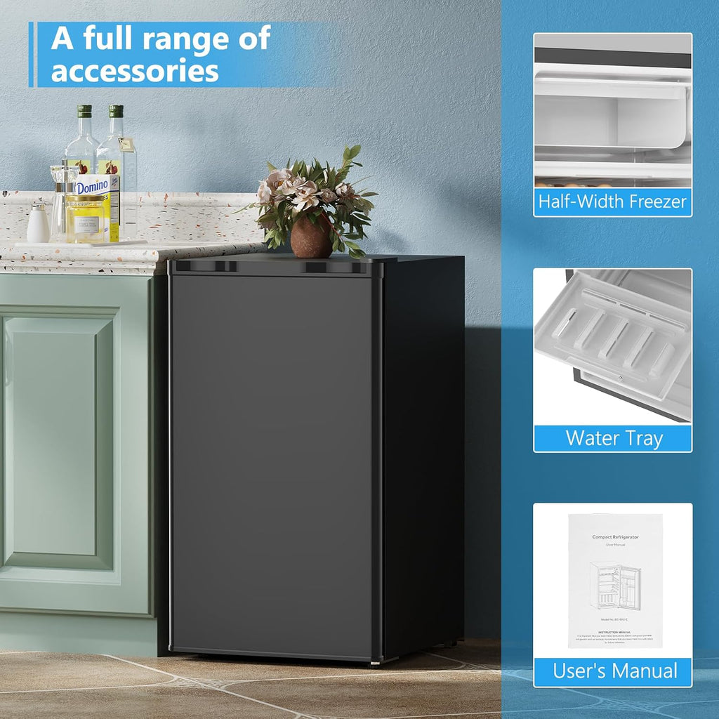 COWSAR 3.2 Cu.Ft Dorm Fridge with Freezer, Single Reversible Door Compact Refrigerator, Adjustable Thermostat, 2 Removable Shelves, Commercial Drink Fridge for Bedroom, Office, Kitchen, Dorm, Black