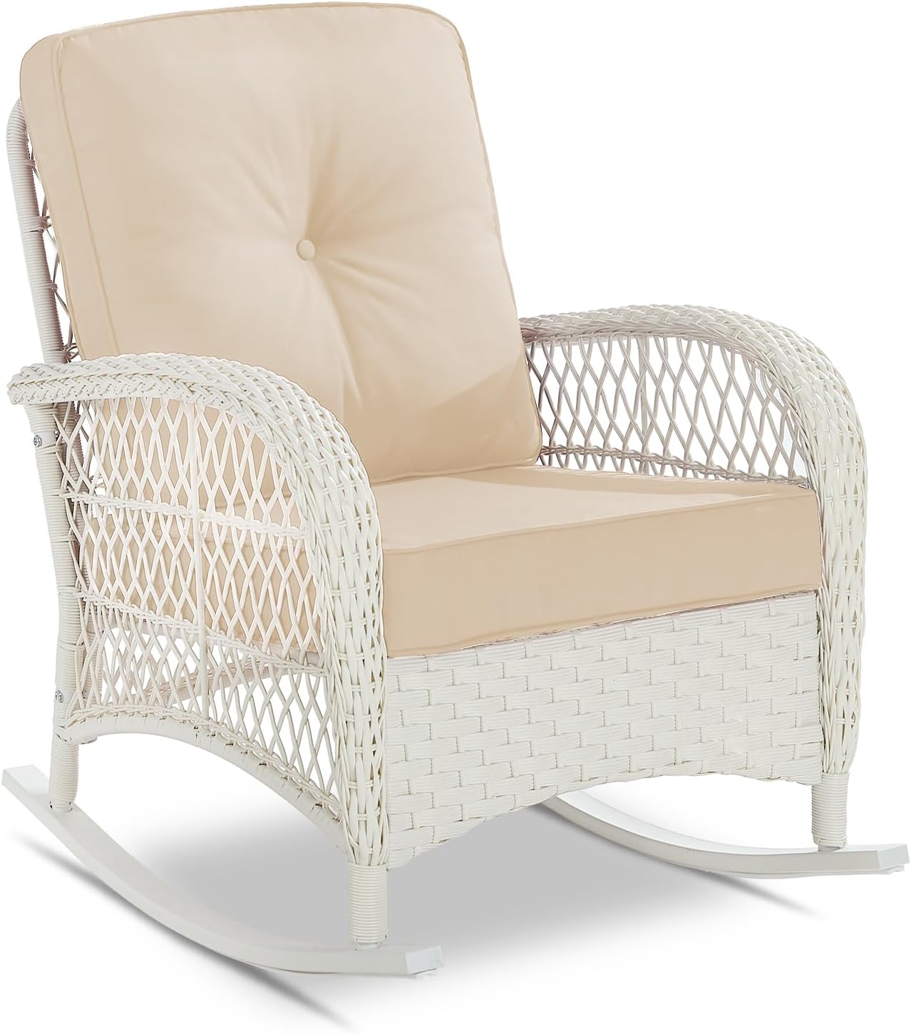 VIVIJASON Outdoor Wicker Rocking Chair, Patio Rattan Rocker Chair with Cushions & Steel Frame, All-Weather Rocking Lawn Furniture for Garden Backyard Porch, Cream White/Beige