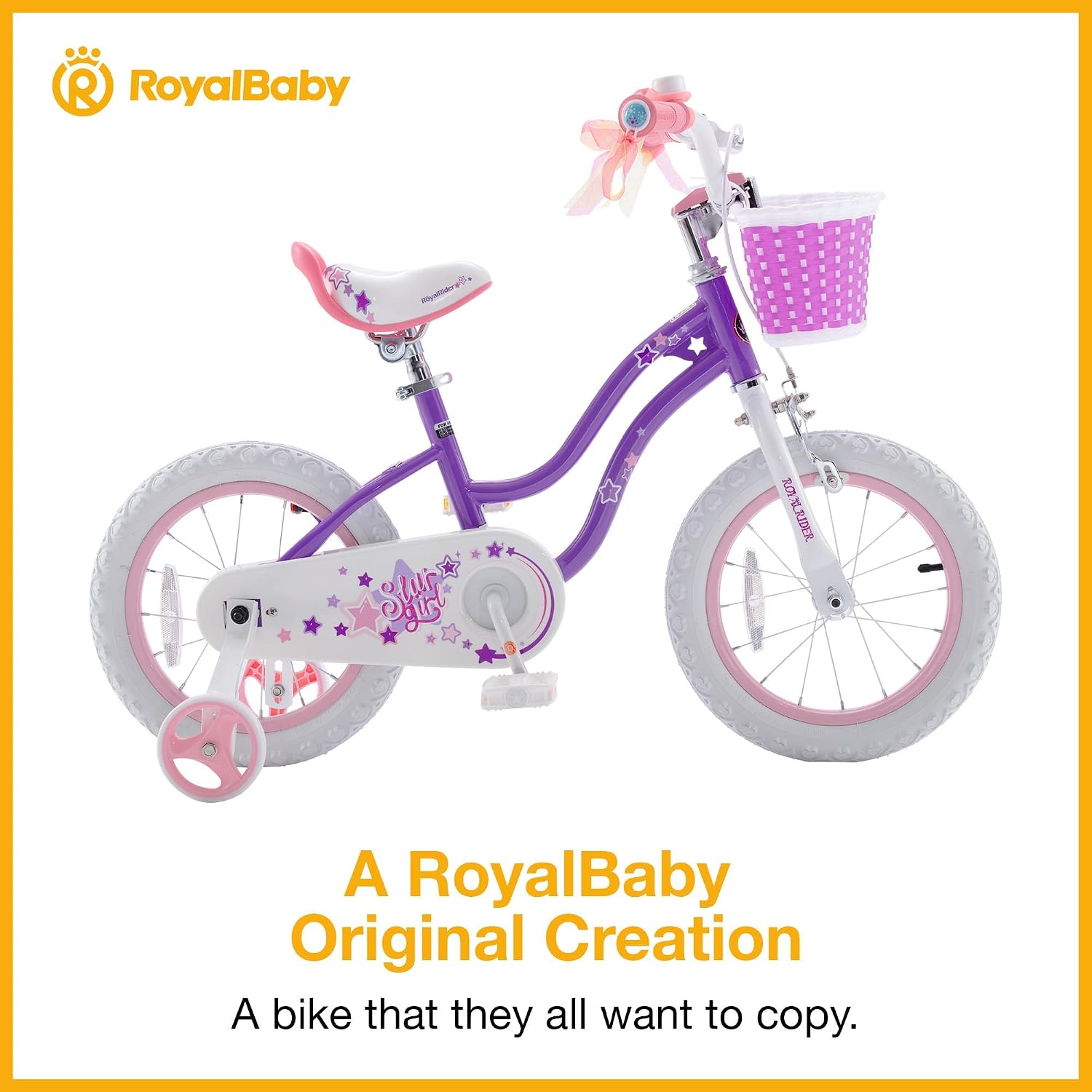 RoyalBaby Stargirl 12 Inch Kids Outdoor Bicycle with Accessory Basket, Bell, Thick Wheels, and Safety Training Wheels for Ages 2-4, Purple