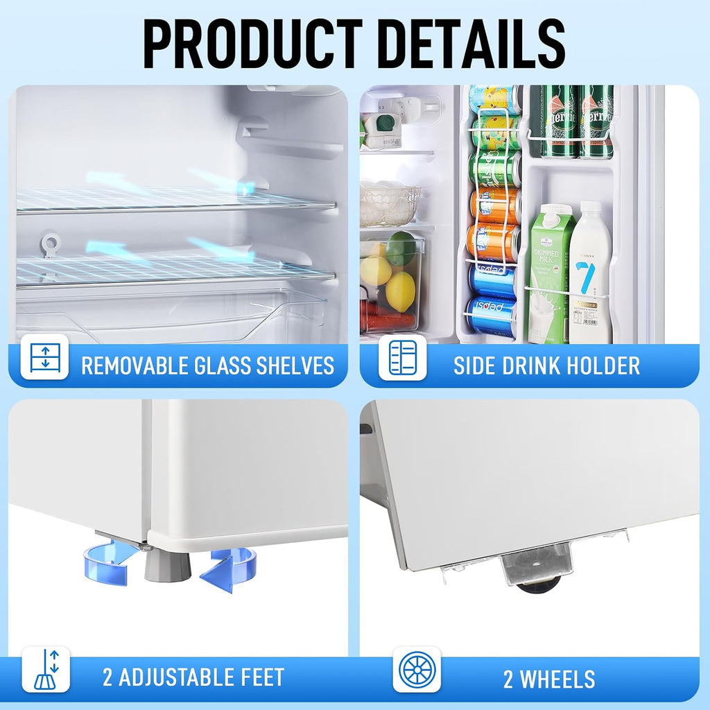 WANAI Mini Fridge with Freezer, 3.5 CU.FT Small Refrigerator with 2 Door & 7 Gear Mechanical Control & Side Bottle Rack, LED Light, Ideal for Dorm, Kitchen, Apartment, Office, White