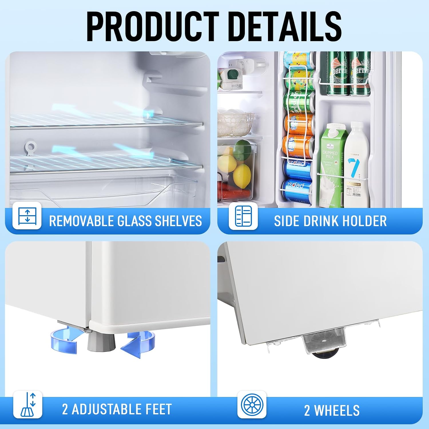 WANAI Mini Fridge with Freezer, 3.5 CU.FT Small Refrigerator with 2 Door & 7 Gear Mechanical Control & Side Bottle Rack, LED Light, Ideal for Dorm, Kitchen, Apartment, Office, White