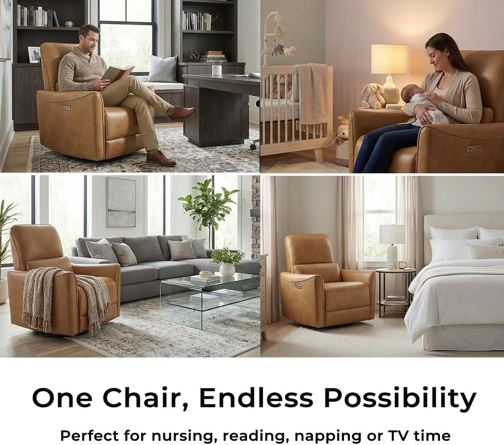CHITA Oversized Power Recliner Chair Swivel Glider for Big and Tall, FSC Certified Faux Leather Living Room Nursery Rocking Chair with Lumbar Support, Cognac Brown