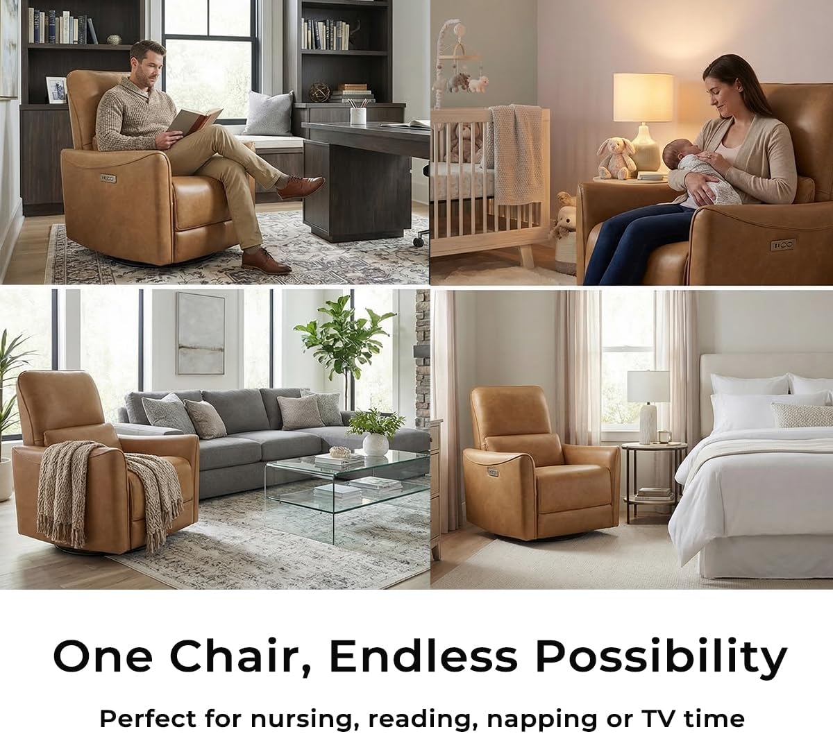 CHITA Oversized Power Recliner Chair Swivel Glider for Big and Tall, FSC Certified Faux Leather Living Room Nursery Rocking Chair with Lumbar Support, Cognac Brown