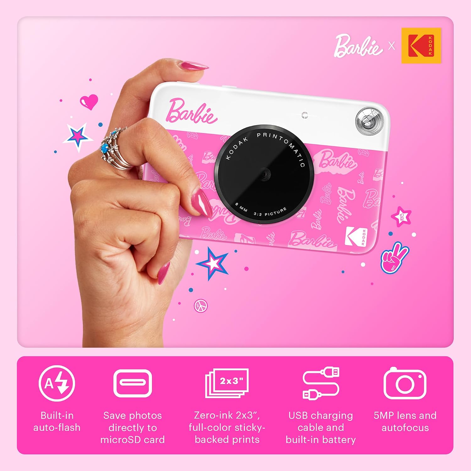 Kodak x Barbie Printomatic Full-Color Instant Print Digital Camera Barbie Deluxe Bundle (Signature Style)+ Barbie Deluxe Camera Case + Barbie Photo Album + Zink Paper (20 Sheets)