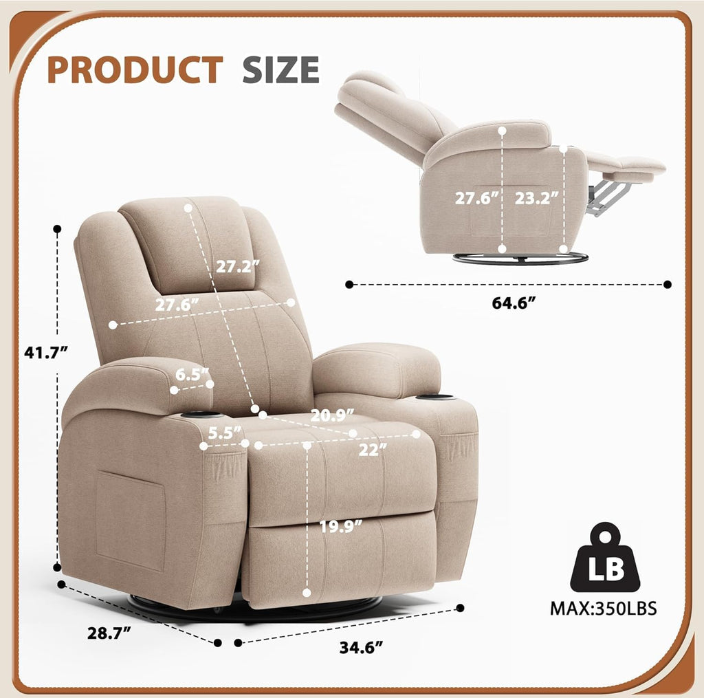Flamaker Swivel Rocker Recliner Chair with Vibration Massage, 360° Swivel Recliner Chairs for Adults Ergonomic Lounge Chair with Cup Holders Lazy Boy Recliner Single Sofa Seat (Fabric, Khaki)