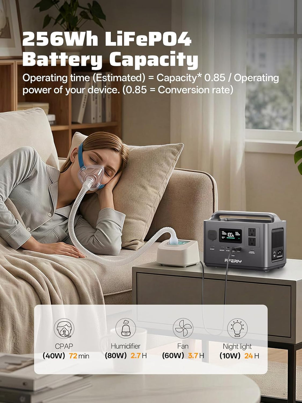 AFERIY Portable Power Station 800W Peak/400W Rated,45min Fast Charging, 80000mAh/256Wh LiFePO4 Battery, 10ms UPS, Solar Powered Power Bank with AC Outlet 120V for Camping, Outdoor, Emergency,Home Use