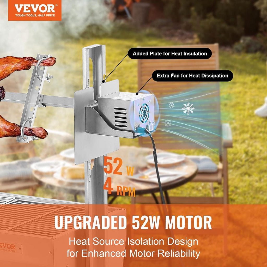 VEVOR Rotisserie Grill, BBQ Whole Pig Lamb Goat Charcoal Spit Grill, 46 Inch 132 Lbs Capacity, Electric 52W Motor Stainless Steel Rotisserie Roaster with Lockable Wheels, for Camping Outdoor
