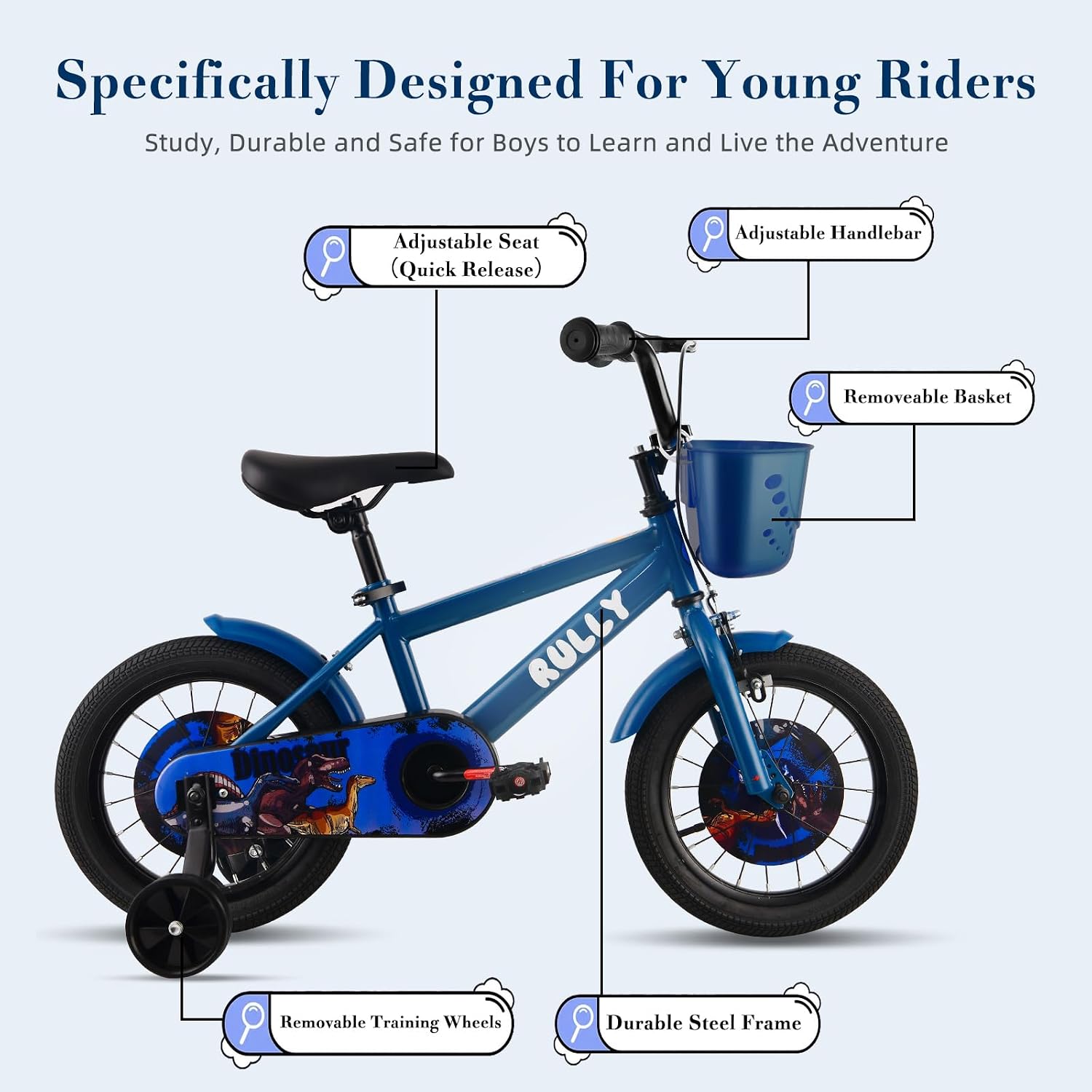 RULLY Dinosaur Kids Bike for Ages 2-7 Years Old Boys, 12 14 16 Inch BMX Style Kid's Bikes with Training Wheels, Children Bicycle for Kids and Toddler, Multiple Colors