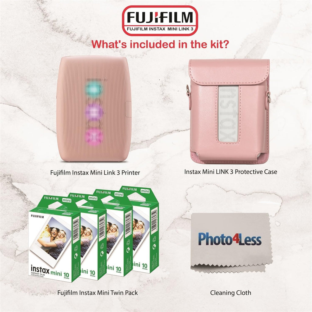 Fujifilm Instax Mini Link 3 Printer Bundle Instax Mini Film (40 Sheets), Instax Mini Link 3 Protective Case (Rose Pink)