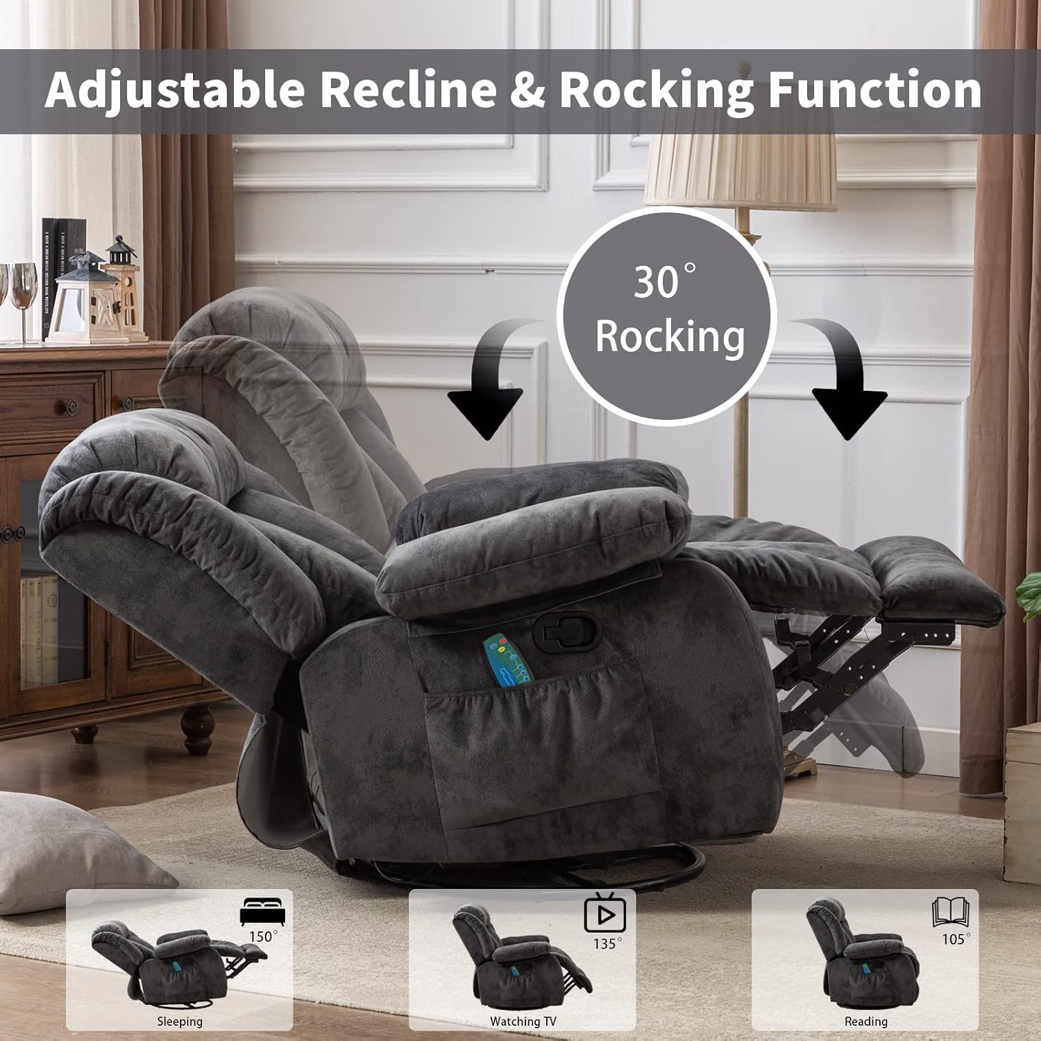 CANMOV Massage Swivel Rocker Recliner Chair with Heat and Vibration,360 Degree Manual Swivel Rocking Recliners with Side Pocket, Comfy Fabric Single Sofa Reclining Chair for Living Room, Grey
