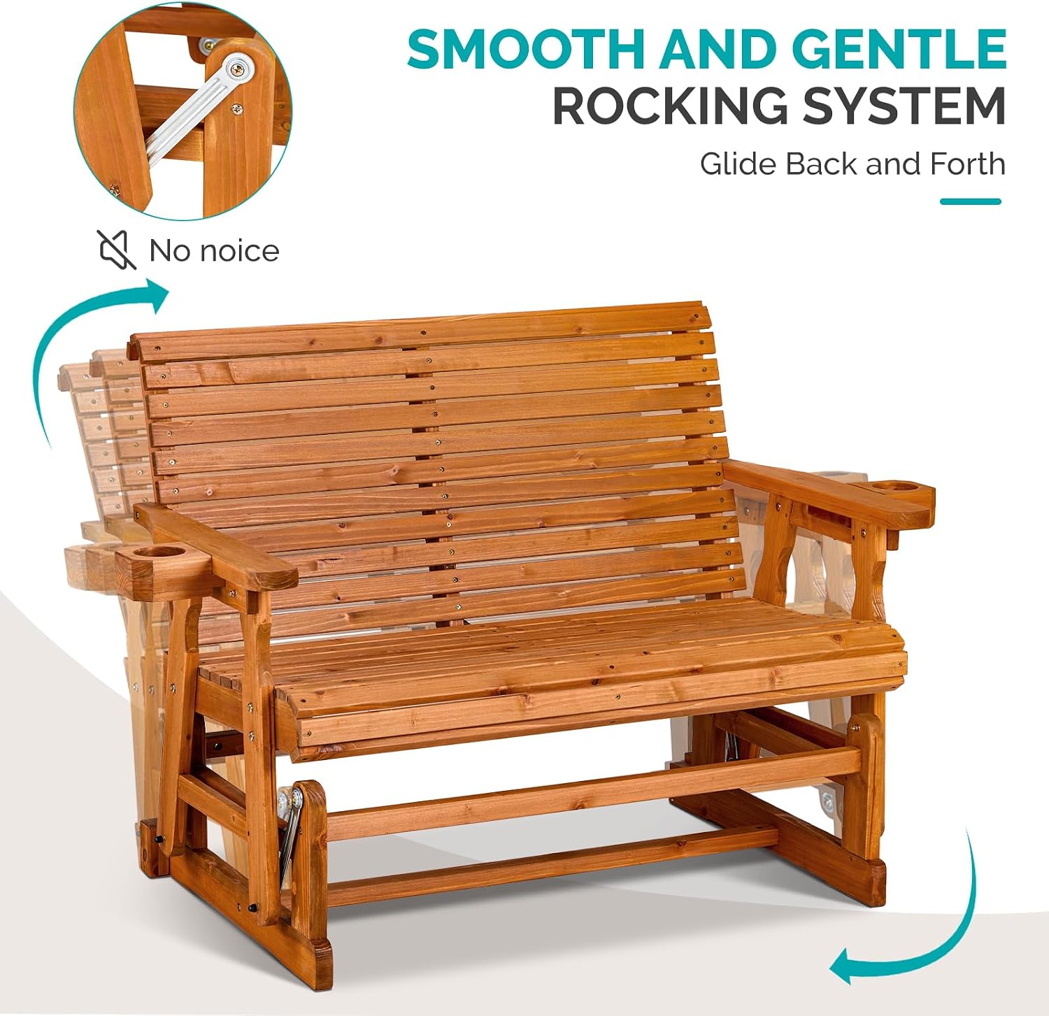 VINGLI Outdoor Glider Wood Patio Chair with Cup Holders, Outdoor Bench Glider Loveseat with Smooth Rocking Mechanism, Heavy Duty 800 LBS