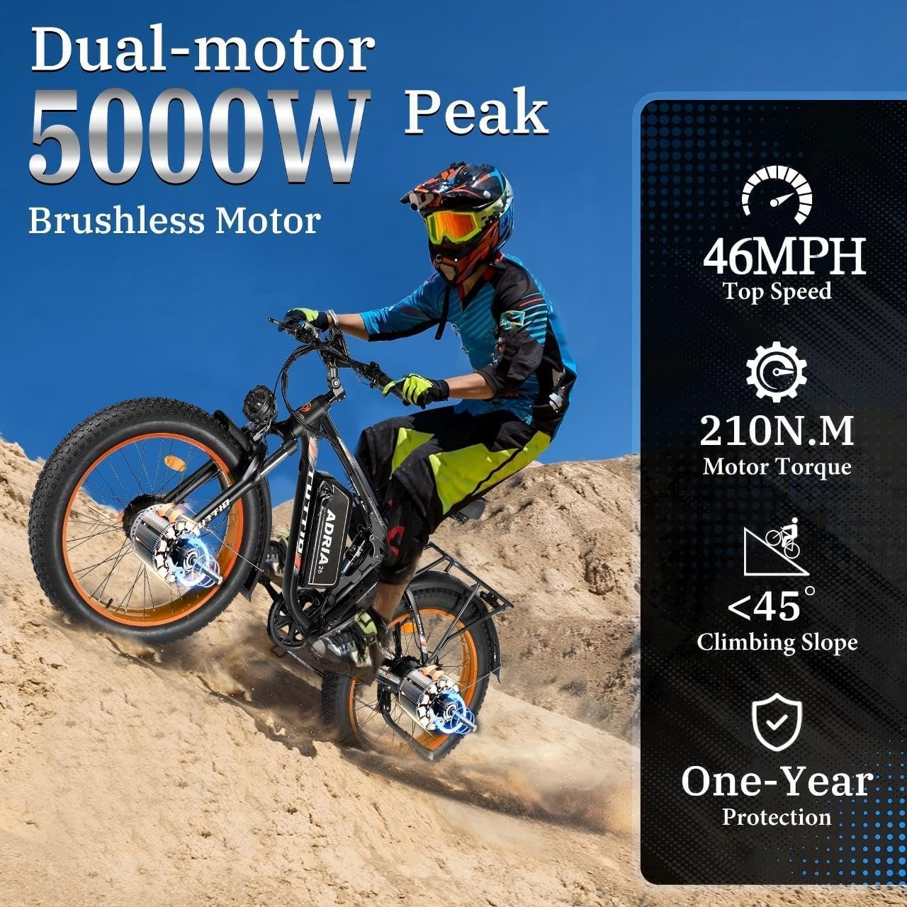 TUTTIO Adria26 5000W/6000W Dual Motor Ebike, 40-46MPH Electric Bike for Adults, 26' x 4' Fat Tire Electric Mountain Bike, 52V 25AH E-Bike Full Suspension Electric Dirt Bike for Off-Road Hunting
