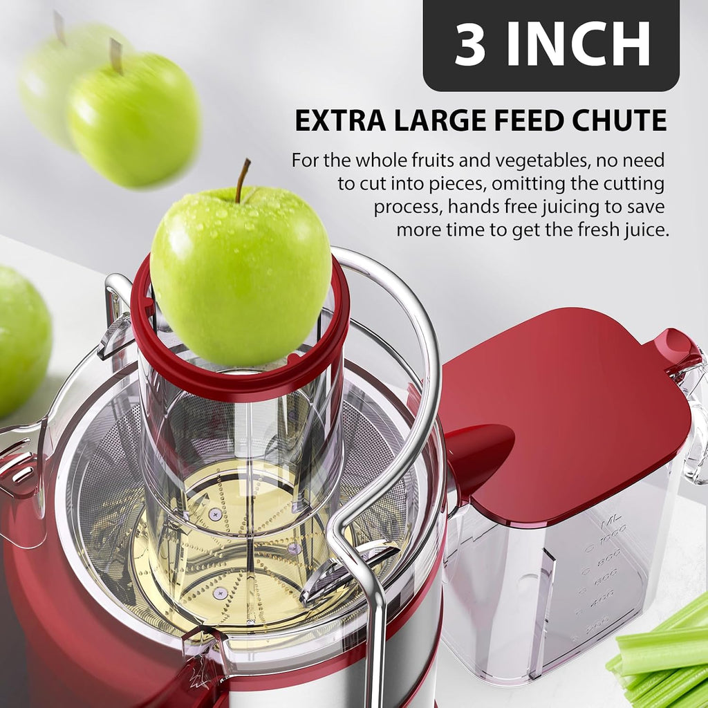 KOIOS 1300W Centrifugal Juicer Machine, Juice Extractor with Extra Large 3 Inch Feed Chute, Full Copper Motor, Titanium-Plated Filter, High Juice Yield, 3 Speeds Mode, Brush Included, Non-BPA, Red