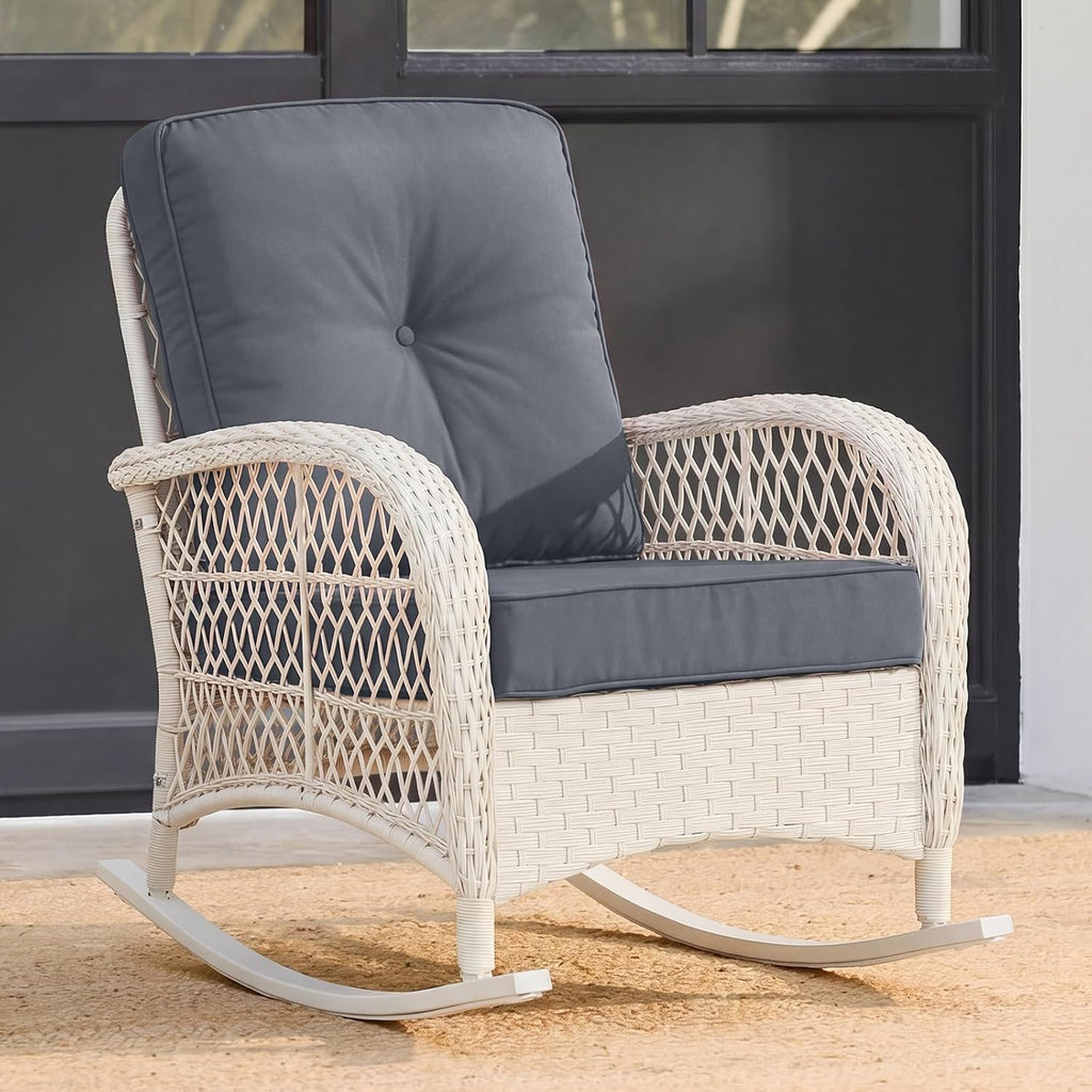 VIVIJASON Outdoor Wicker Rocking Chair, Patio Rattan Rocker Chair with Cushions & Steel Frame, All-Weather Rocking Lawn Furniture for Garden Backyard Porch, Cream White/Grey