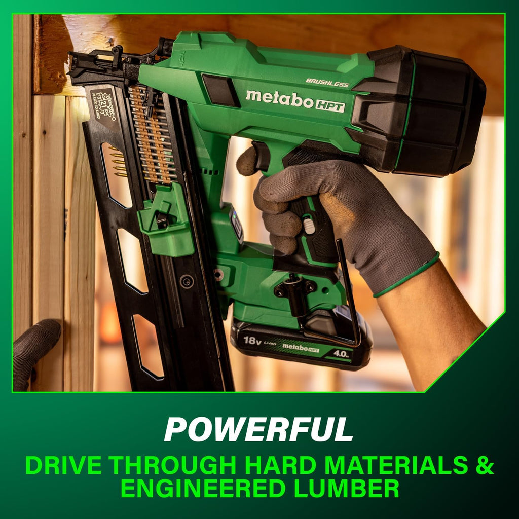 Metabo HPT 18V MultiVolt Cordless 21° Framing Nailer Kit, 3-1/2' Plastic Strip Framing Cordless Nailer, Power Tool with 4.0Ah Lithium Ion Battery, Drives 2' to 3-1/2' Nails, NR1890DRA