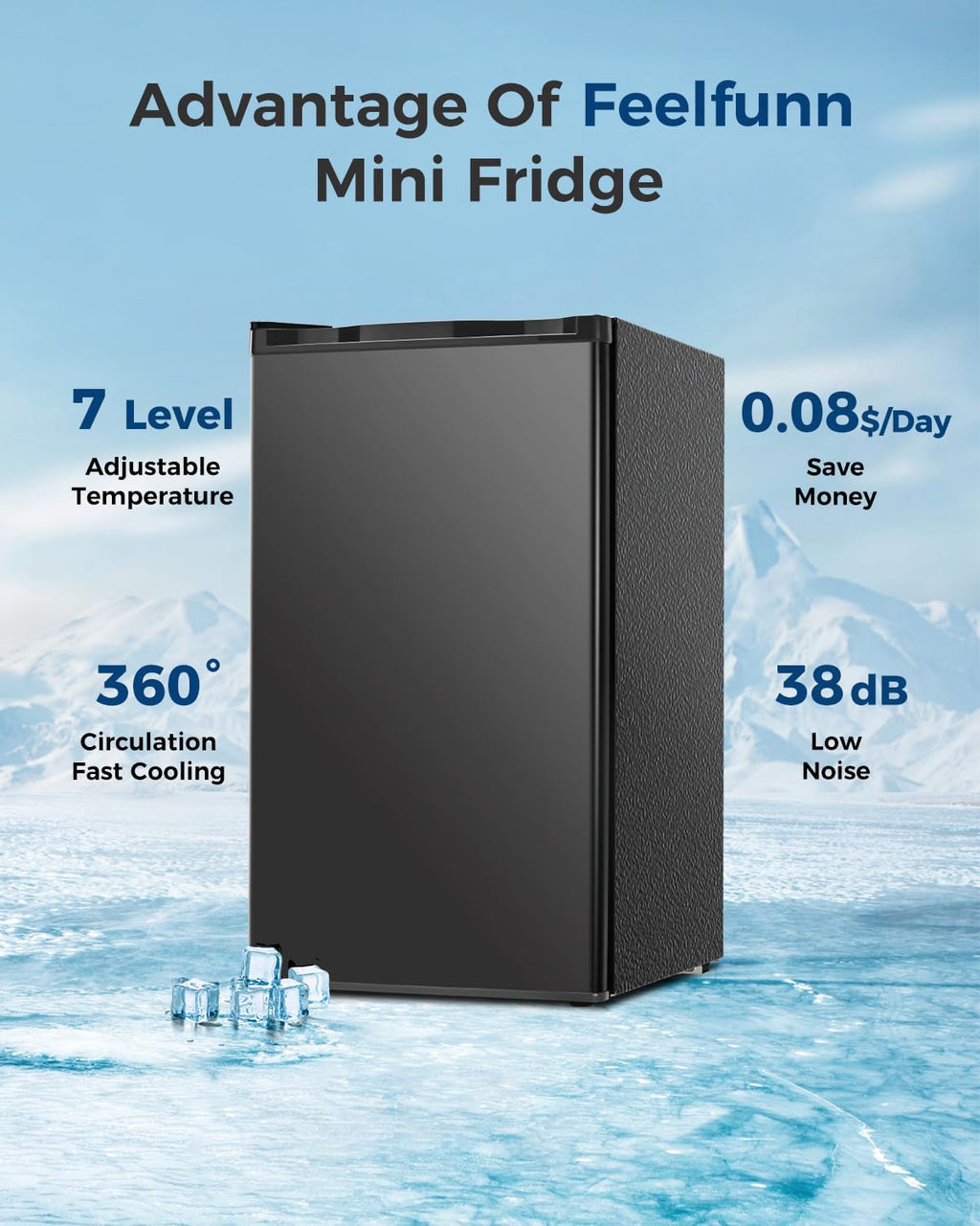Feelfunn Mini Fridge with Freezer - 3.2 Cu.Ft Single Door Mini Refrigerator with Adjustable Thermostat, Energy Saving, Low Noise, Small Fridge for Bedroom, Office, Dorm, Apartment, Classroom - Black