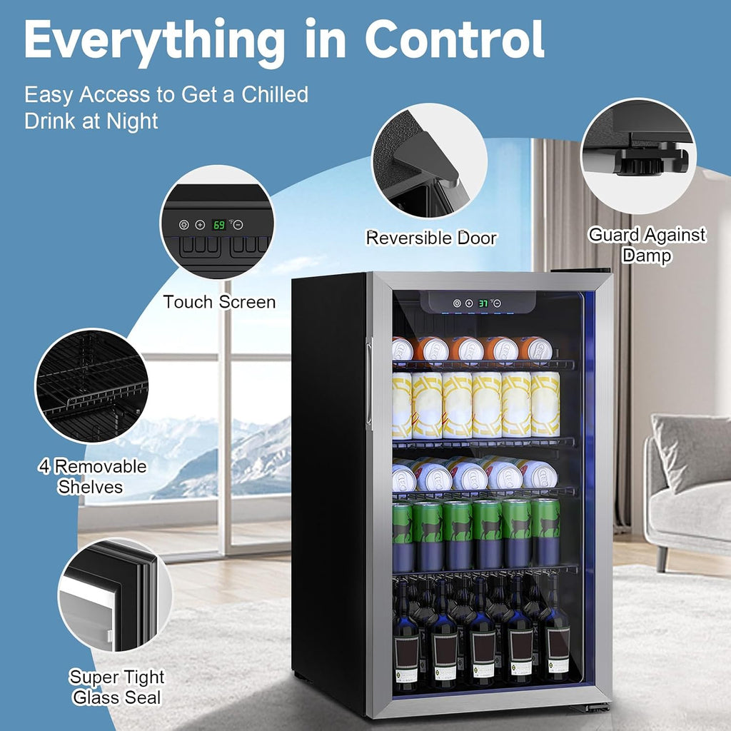 Stopasd Compact Beverage Refrigerator, 3.2 Cu.Ft/126 Can Drink Fridge with Adjustable Shelves & Glass Door for Soda Wine Beer, Quiet Undercounter Small Fridge for Home/Office/Bar/Garage,Sliver
