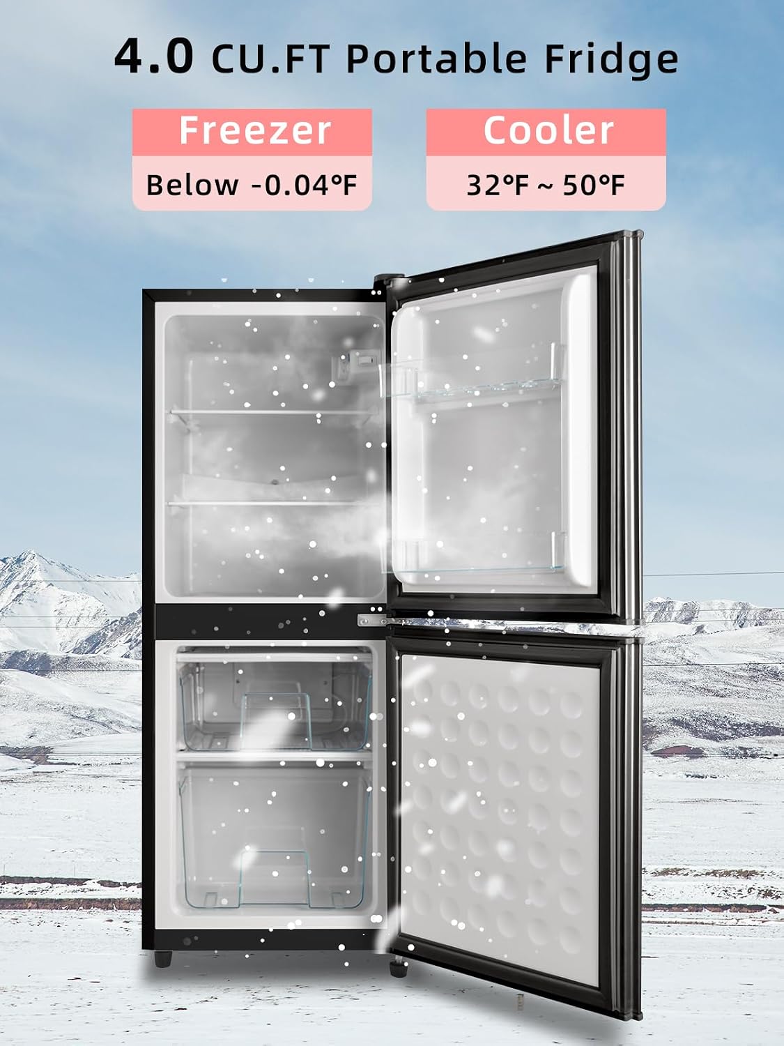 KRIB BLING 4.0 Cu.Ft Refrigerator with Freezer, 2 Doors Fridge with Adjustable Thermostat Control, Refrigerator for Kitchen, Dorm, Apartment, Garage, Office, Black