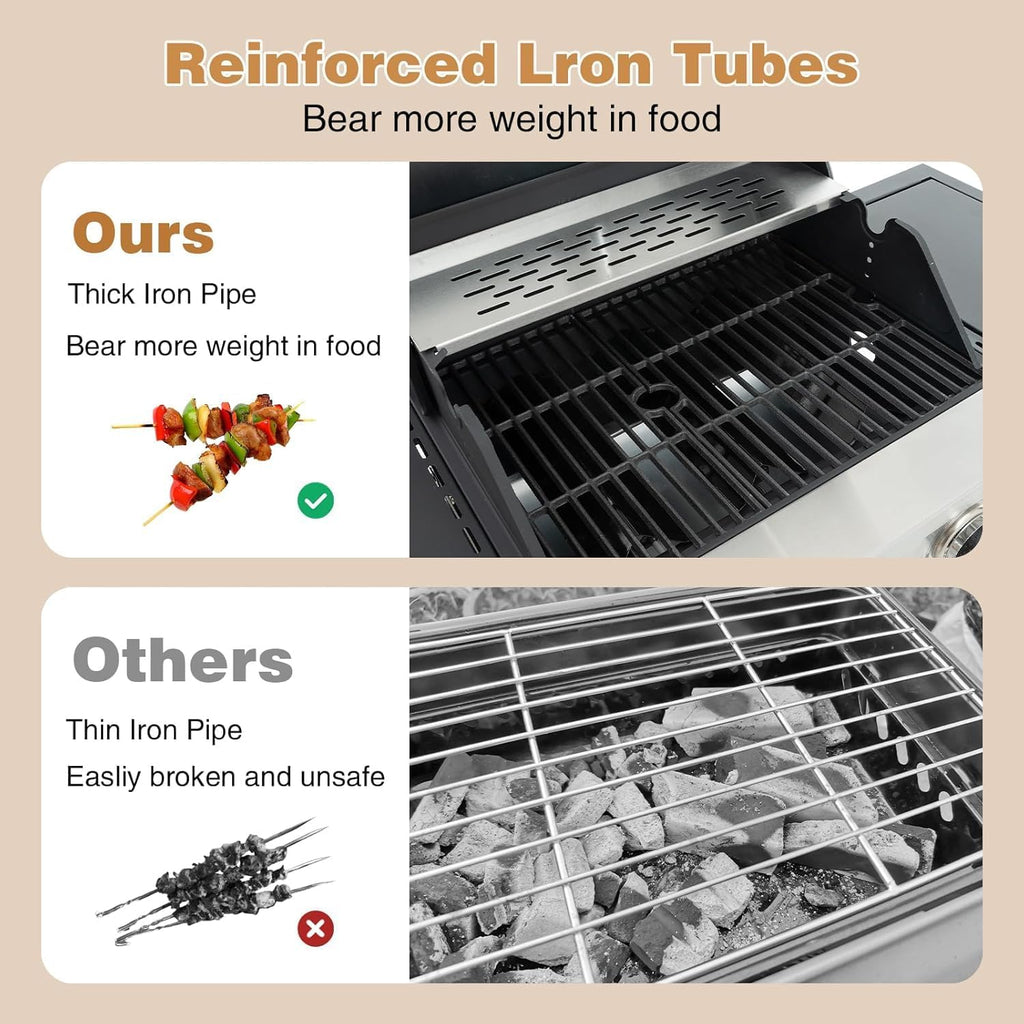 Endark 3-burner propane grill, 40,500 BTU with side-fire function. Stainless steel, enameled cast iron grate, thermometer, wheels. Perfect for patio and garden cooking