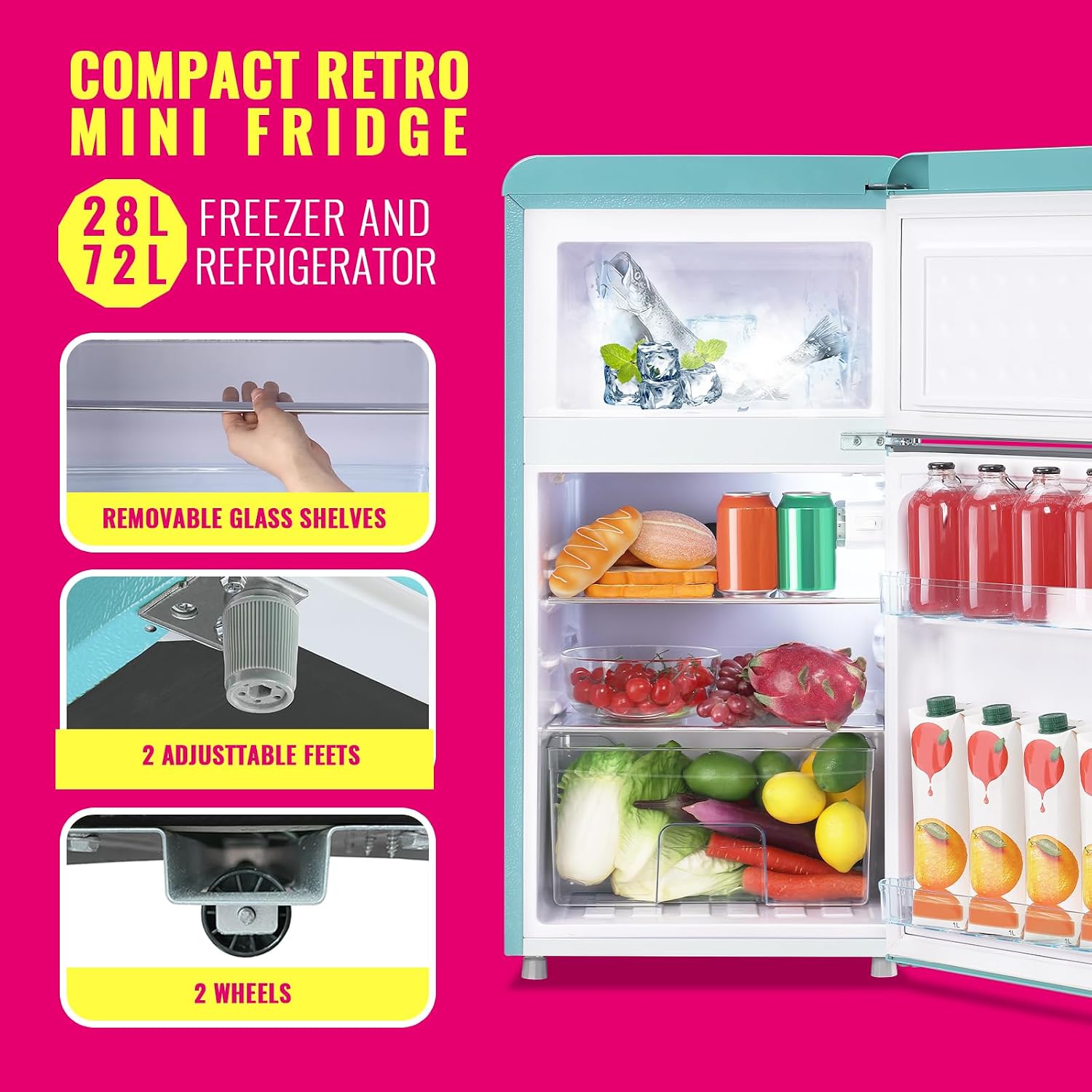 DEMULELR Retro Mini Fridge Dual Door Refrigerator with Freezer, 3.5 Cu.ft Small Refrigerator with Handle, Adjustable Temperature & Removable Glass Shelves, for Apartment/Dorm/Office/RV, BLUE