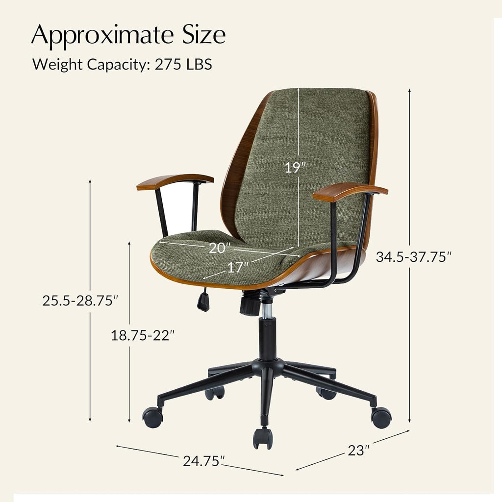 HULALA HOME Solid Wood Office Chair with Rocking Function, Comfy Fabric Desk Chair with Bent Wood and Metal Base, Height Adjustable Swivel Computer Task Chair, Green