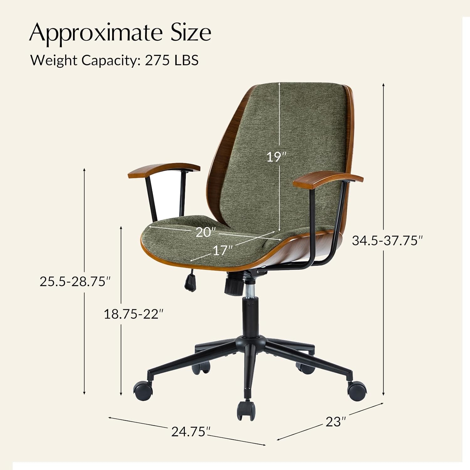 HULALA HOME Solid Wood Office Chair with Rocking Function, Comfy Fabric Desk Chair with Bent Wood and Metal Base, Height Adjustable Swivel Computer Task Chair, Green