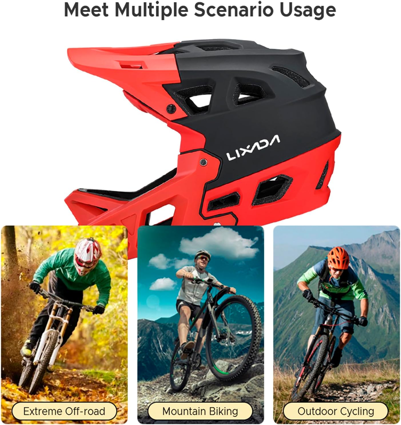 Lixada Adult Bike Helmet, Full Face Mountain Bike Helmet Lightweight Bicycle Helmet with Pads & Visor, Comfort Cycling Helmet Racing Downhill MTB Helmet for Men Women