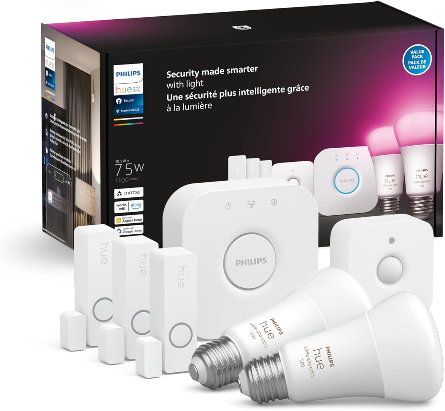 Philips Hue Secure Starter Kit - 3 Secure Contact Sensors (White), Indoor Motion Sensor, Bridge, 2 White & Color Ambiance Smart Bulbs, Easy to Install, Works with Hue App