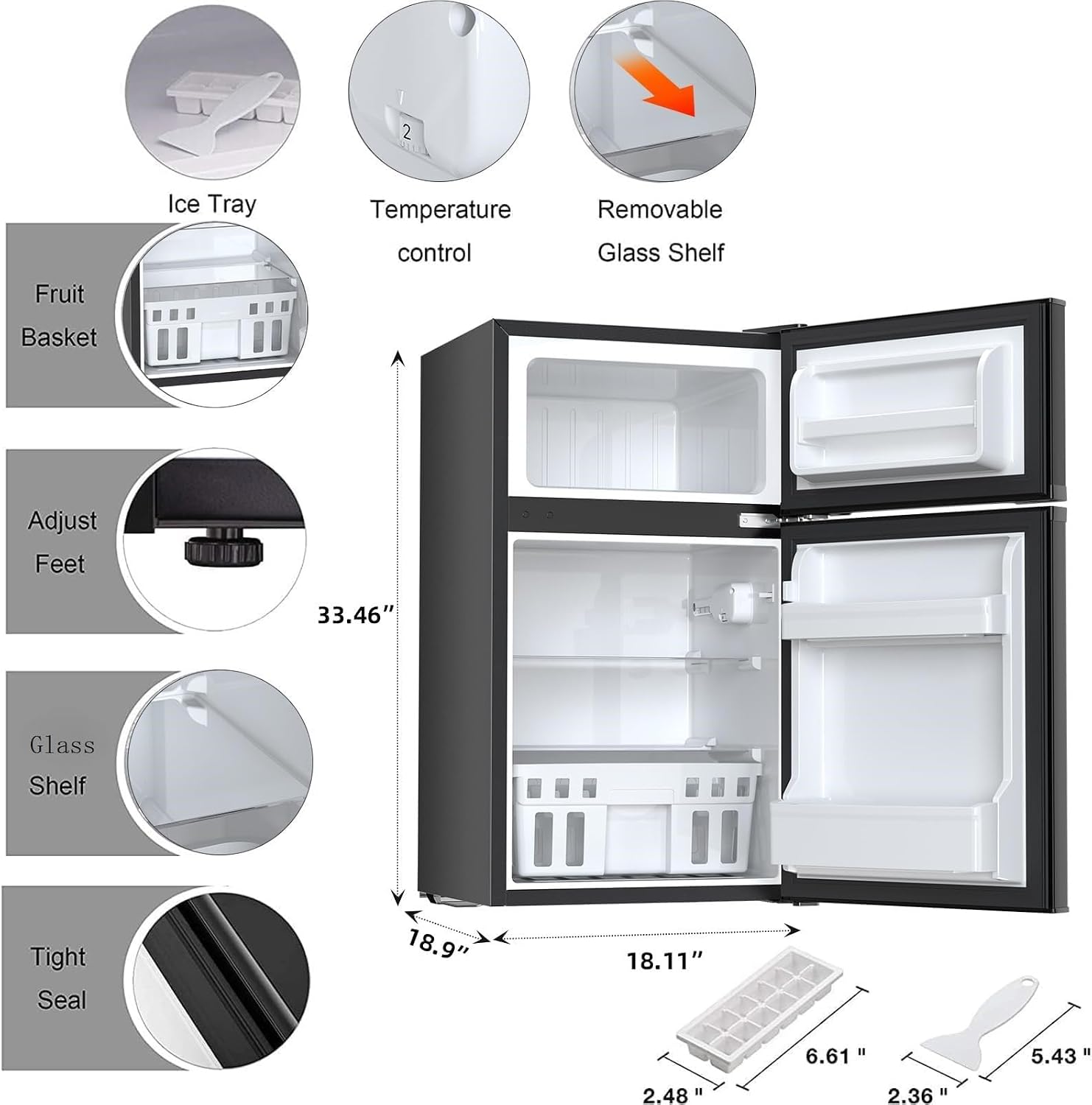 Antarctic Star Mini Compact Refrigerator, 3.2 Cu.Ft. Separate Freezer Double 2-Door Adjustable Removable Shelves for Apartment/Dorm/Office,BLACK