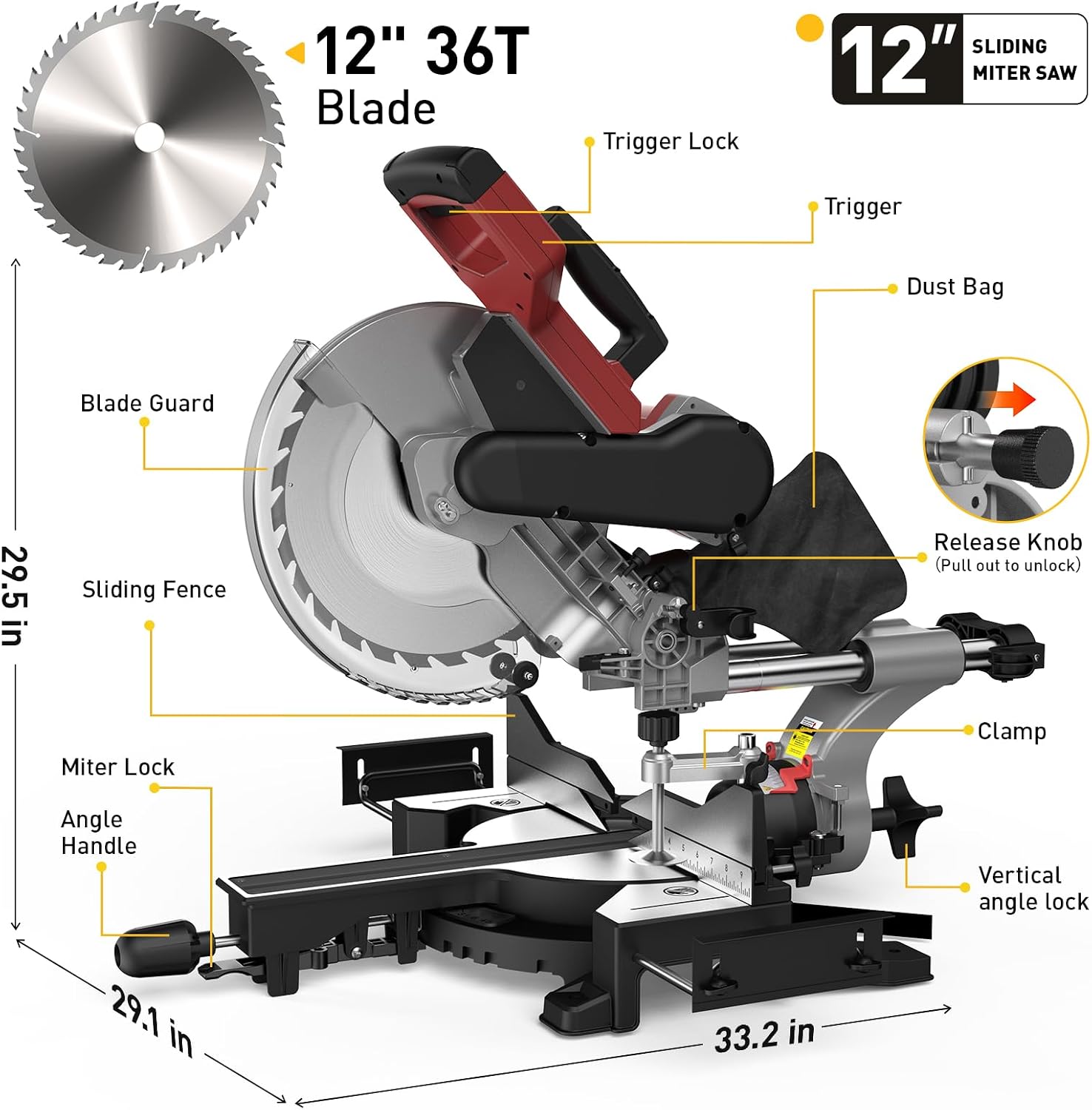 12-Inch Dual-Bevel Sliding Compound Miter Saw, 3800RPM, 15 Amp, Dual Bevel 0-45° with Extension Table, 36T Blade, Power Saw for Metal, Plastic, Wood, Laminates