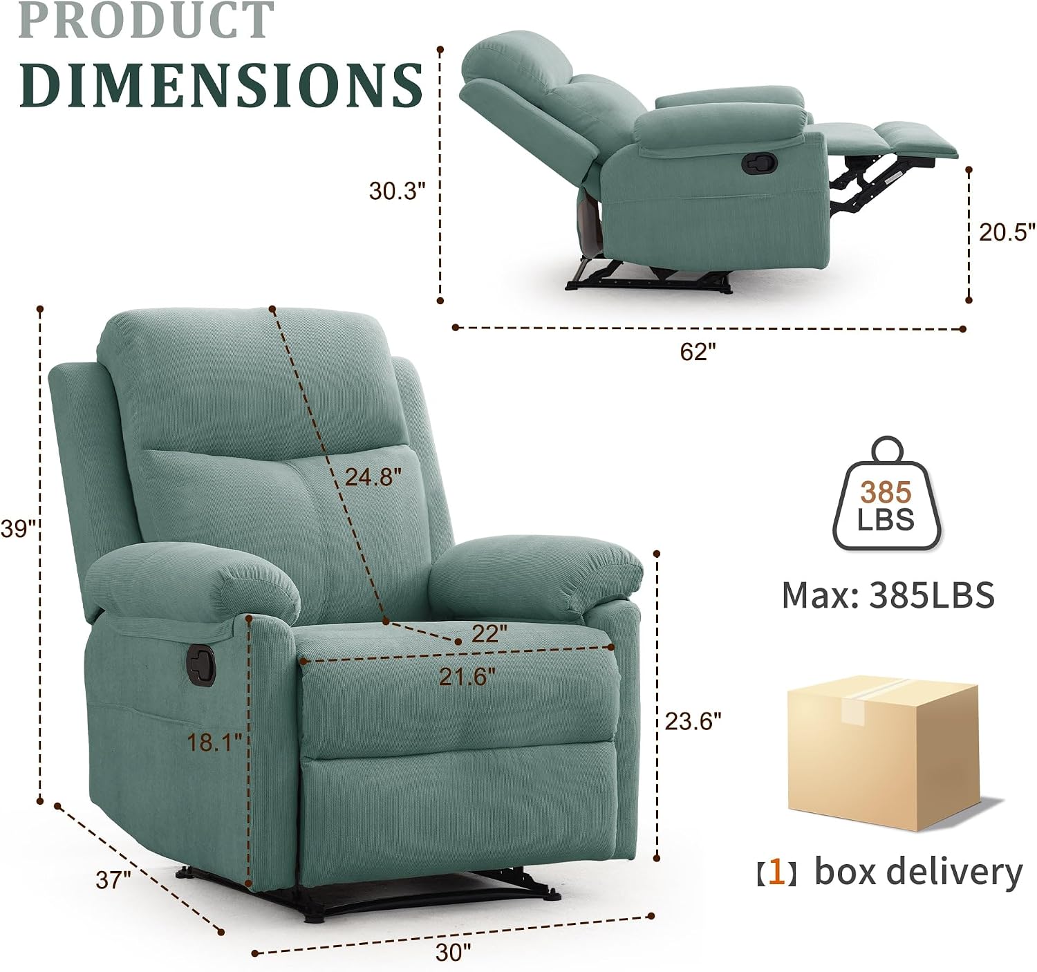 Korser Recliner Chair, Manual Recliner for Adults with Side Pocket, Small Recliners for Small Spaces, Adjustable Comfy Overstuffed Corduroy Reclining Chairs for Living Room, Reading, Bedroom, Teal