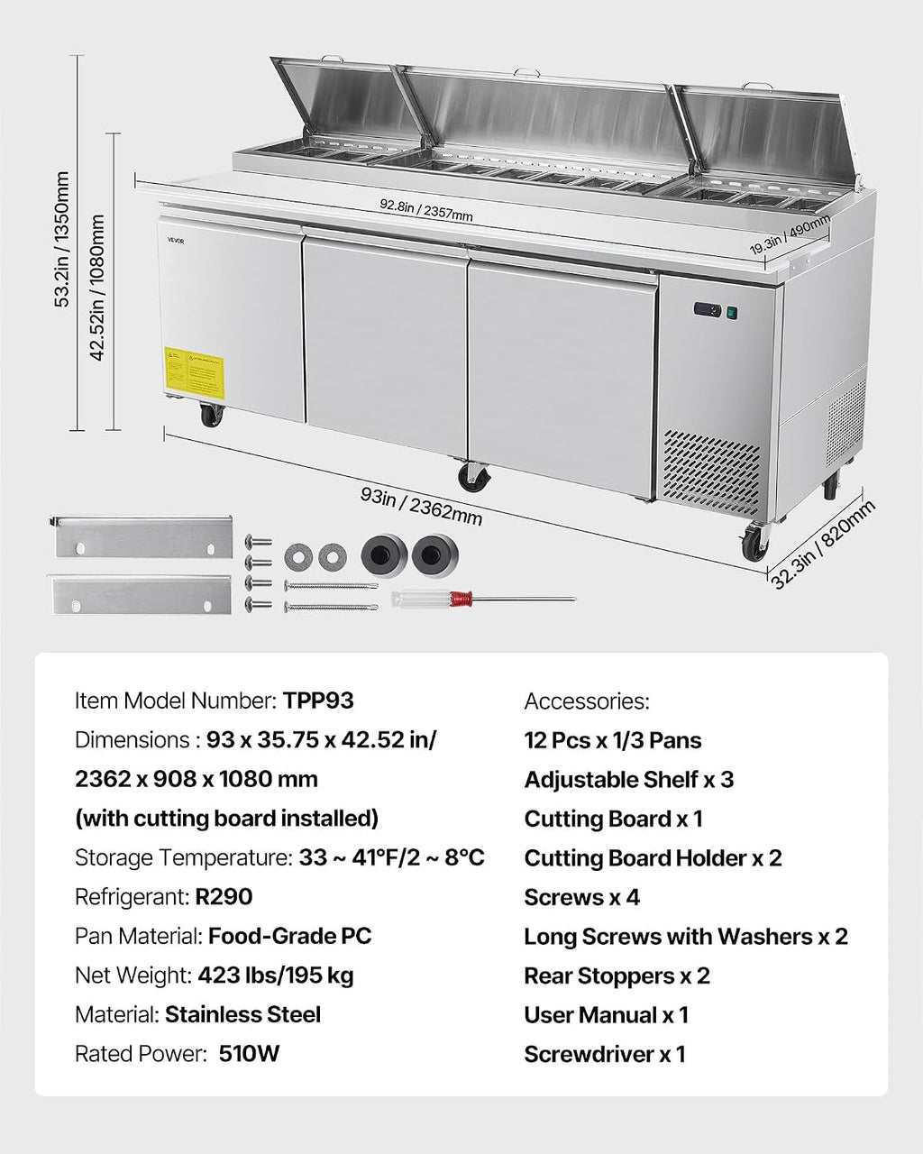 VEVOR 93'W Commercial Refrigerator, Pizza Prep Refrigerated Table, 19.3' Ultra Wide Countertop Food Prep Cooler, 30.8 Cu.Ft Single Door Salad Prep Fridge, 12 Pans Pizza Make Worktop with Cutting Board