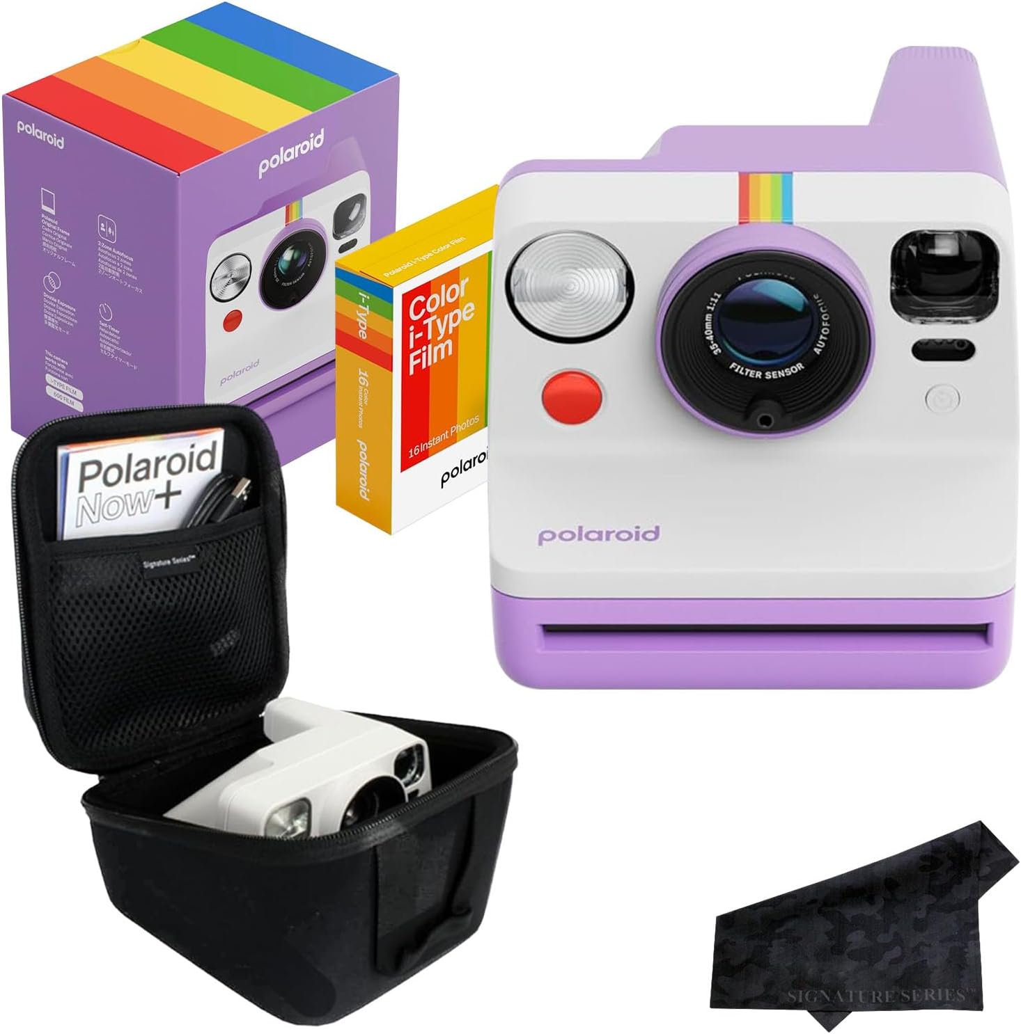 Polaroid Now 3rd Generation i-Type Instant Film Camera with 16 Color Film Photos, Purple, with Signature Series Case Bundle