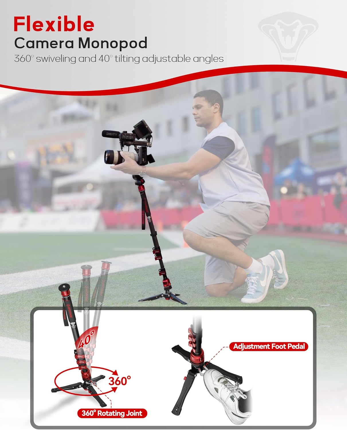 IFOOTAGE Monopod Cobra 3 C180F-P, 71' Monopod for Camera Carbon Fiber Travel Monopod with Feet, 1/4'' & 3/8'' Quick Release Compatible with Sony Canon Nikon DSLR Camera, Payload 17.6Lb