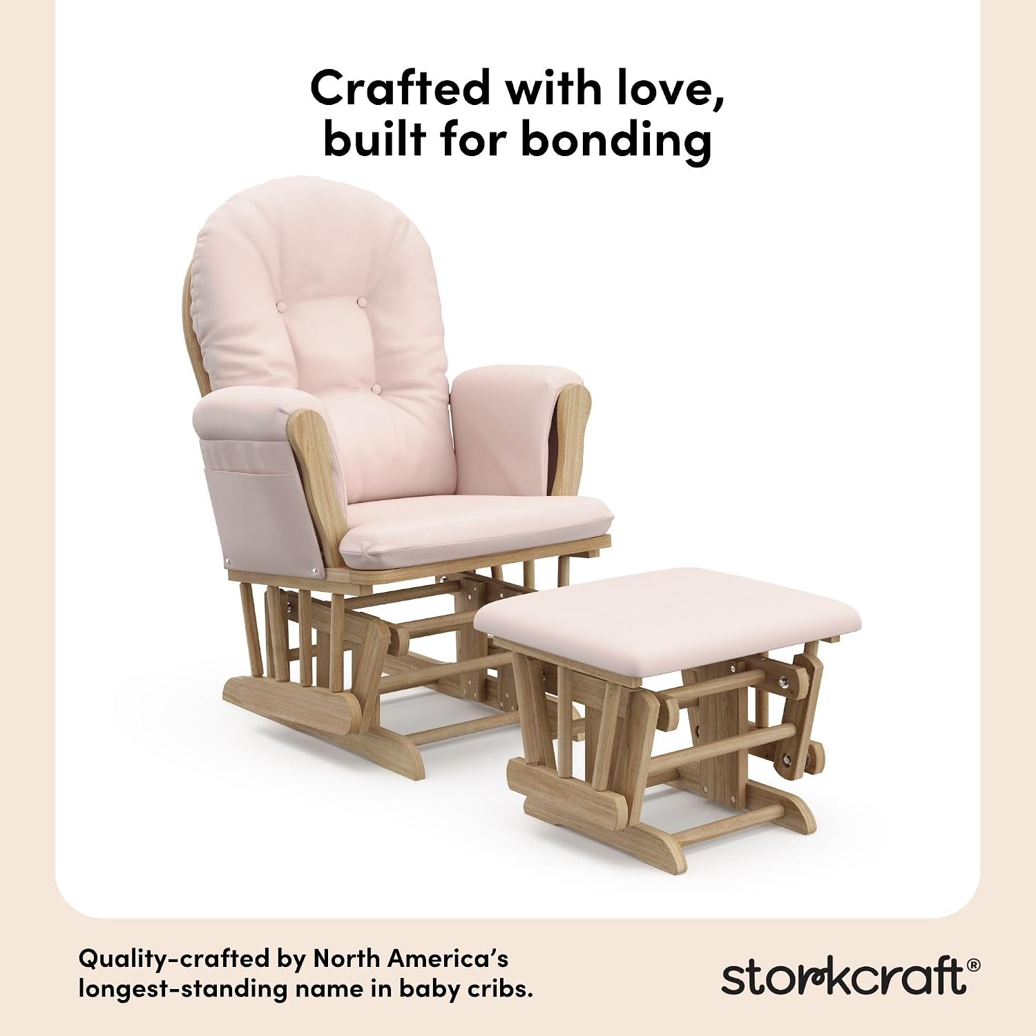 Storkcraft Premium Hoop Glider & Ottoman (Natural/Pink) — GREENGUARD Gold Certified Nursery Glider, Solid Wood Craftsmanship, Smooth-Gliding Nursery Chair and Ottoman, Award-Winning