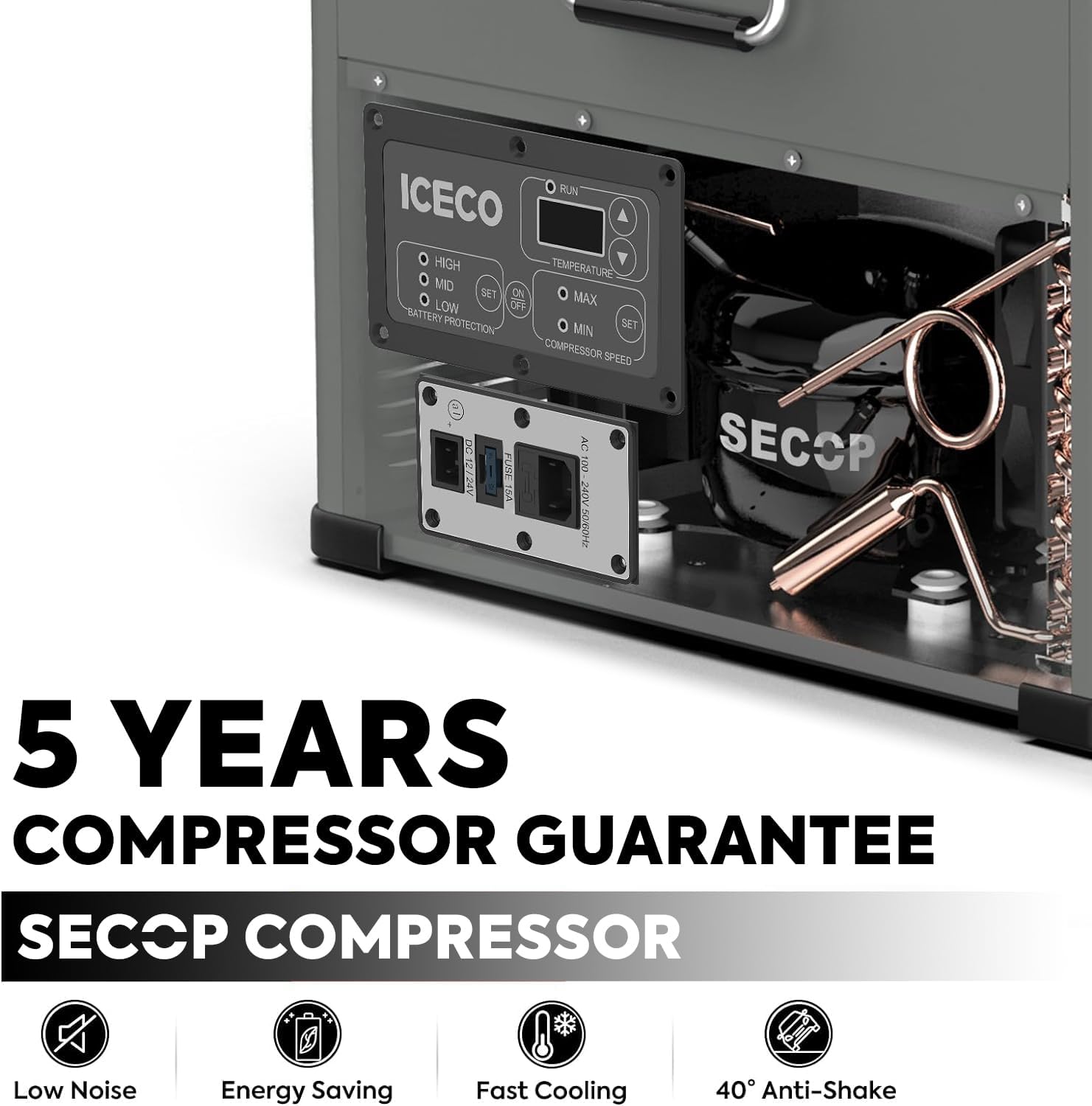 ICECO VL45 12 Volt Refrigerator, 47 Quart Platinum Portable Fridge, With SECOP Compressor, 0℉～50℉, 12/24V DC, 110/240V AC, Compact Freezer for RV, Truck, Car Use (With Slide Mount)