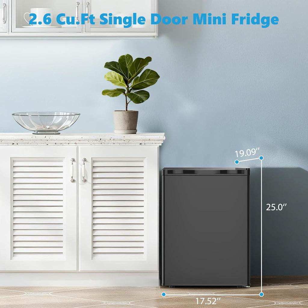 COWSAR 2.6 Cu.Ft Dorm Fridge with Freezer, Single Reversible Door Compact Refrigerator, Adjustable Thermostat, 2 Removable Shelves, Commercial Drink Fridge for Bedroom, Office, Kitchen, Dorm, Black