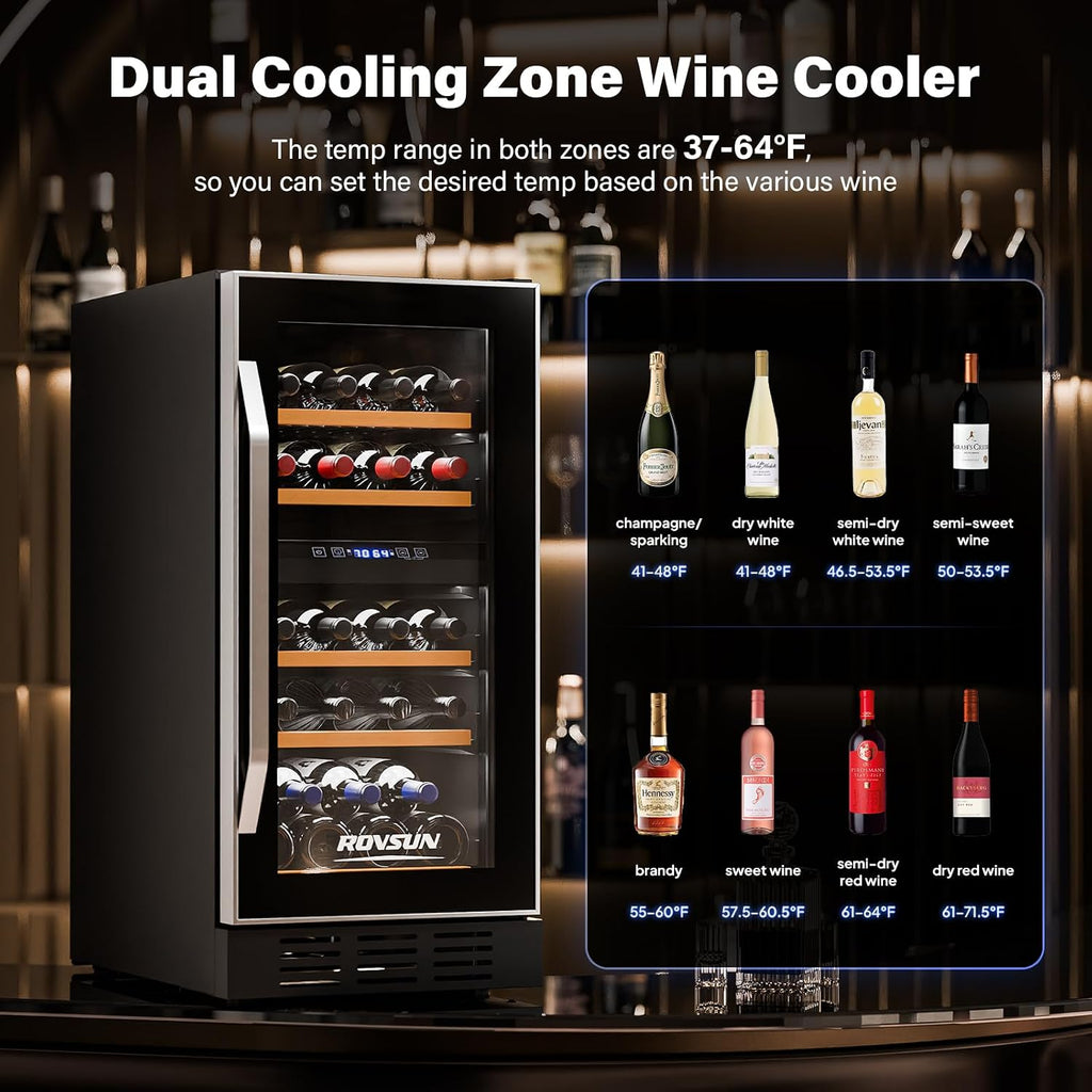 ROVSUN 26 Bottle Wine Fridge, Dual Zone Wine & Beverage Refrigerator w/Independent Temp & LED Control Panel, Built-in/Freestanding/Under Counter Wine Cooler Chiller for Red White Wine/Champagne/Beer