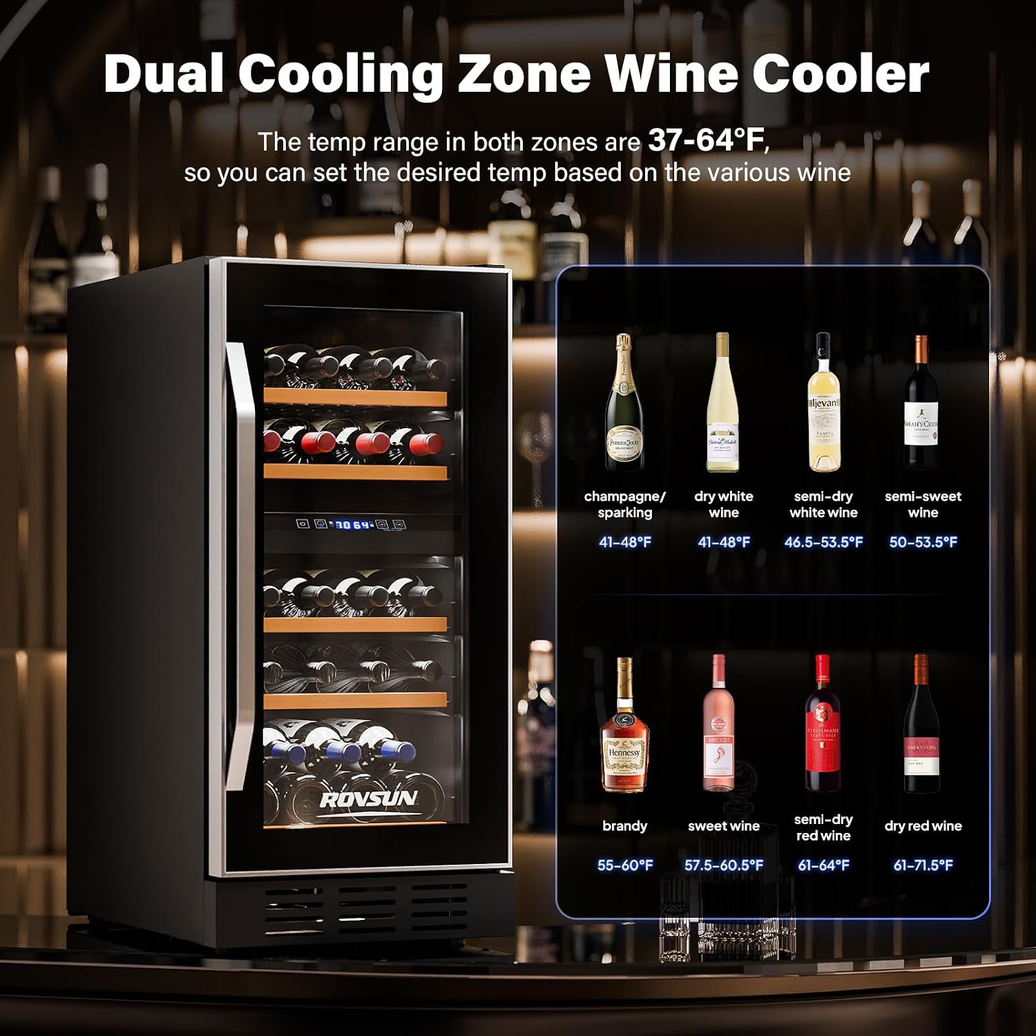 ROVSUN 26 Bottle Wine Fridge, Dual Zone Wine & Beverage Refrigerator w/Independent Temp & LED Control Panel, Built-in/Freestanding/Under Counter Wine Cooler Chiller for Red White Wine/Champagne/Beer
