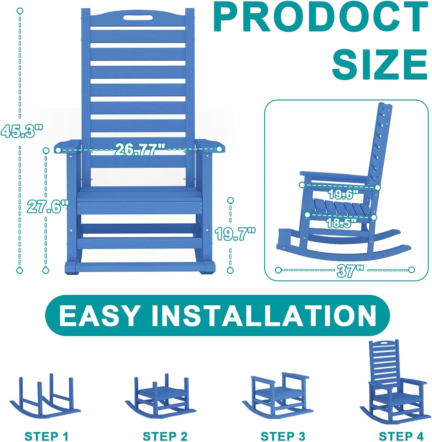 PLUUV Outdoor Rocking Chair with Removable Footboard for Adults, HDPE High Back Patio Rocking Chairs, 330lbs All Weather Porch Rocking Chairs for Outdoor & Indoor -Navy Blue