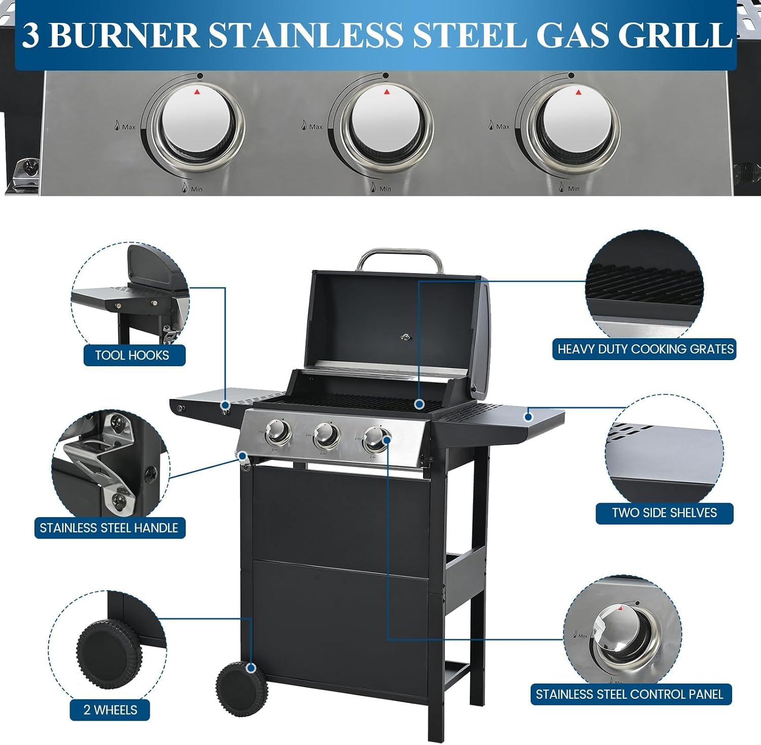 3-Burner Propane Gas Grill, 30,000 BTU Stainless Steel Outdoor BBQ Grill with Lid, Side Shelves & Wheels for Patio, Garden and Backyard Cooking