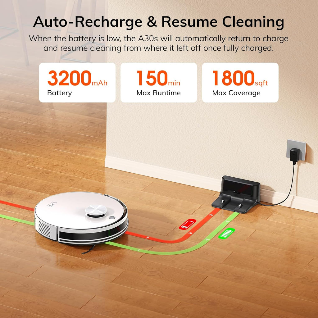 ILIFE A30s Robot Vacuum, 10000Pa Max Suction Robotic Vacuum Cleaner with LiDAR Navigation, Home Mapping, No-Go Zone, 150 Mins, 2.4G WiFi/App/Alexa/Remote Control, for Hard Floor Carpet and Pet Hair