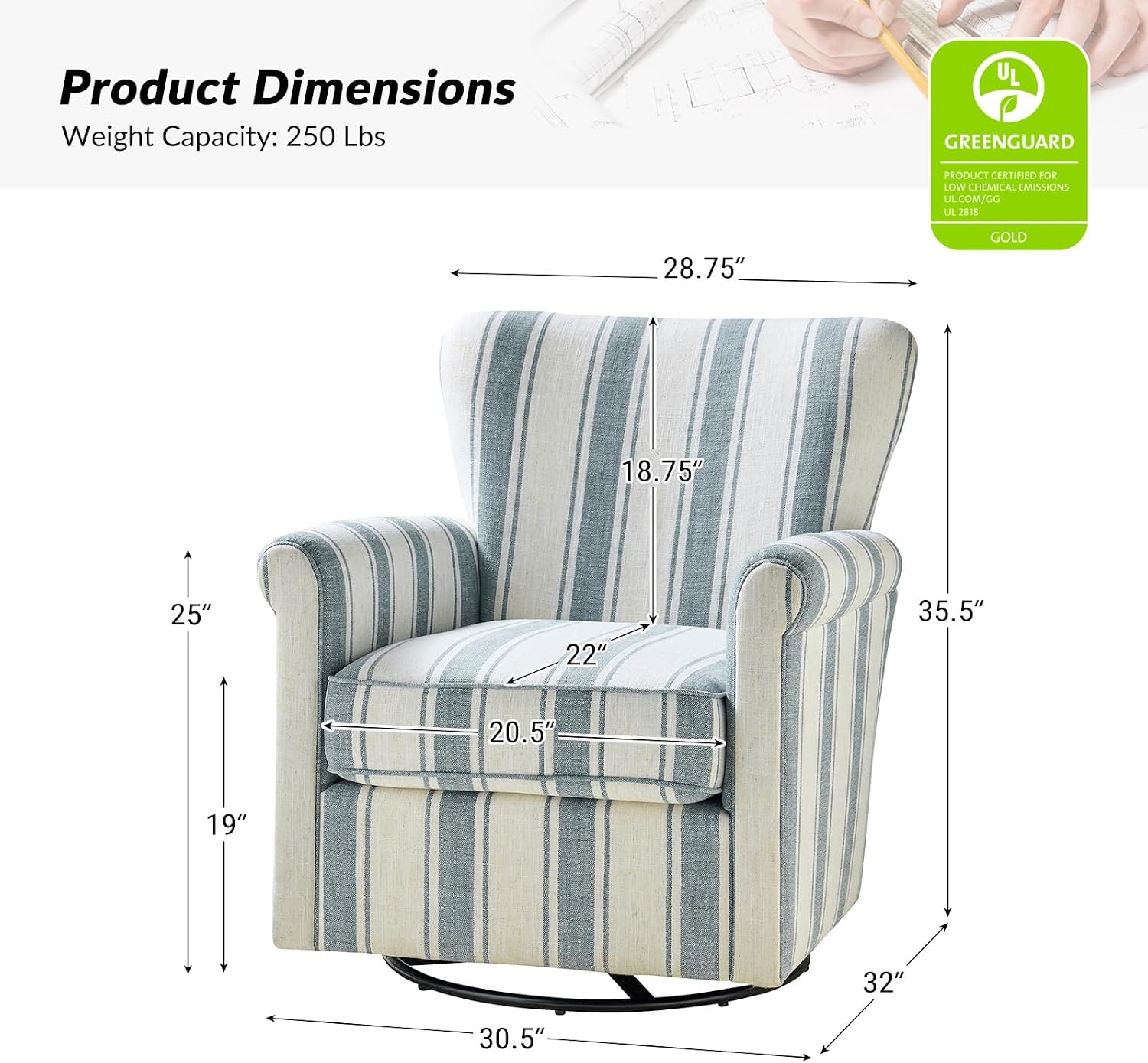 HULALA HOME Floral Fabric Swivel Rocking Chair, Swivel Rocker with Removable Backrest & Shakeable and Turntable Metal Base, Modern Single Sofa Chair for Living Room Nursery, Blue